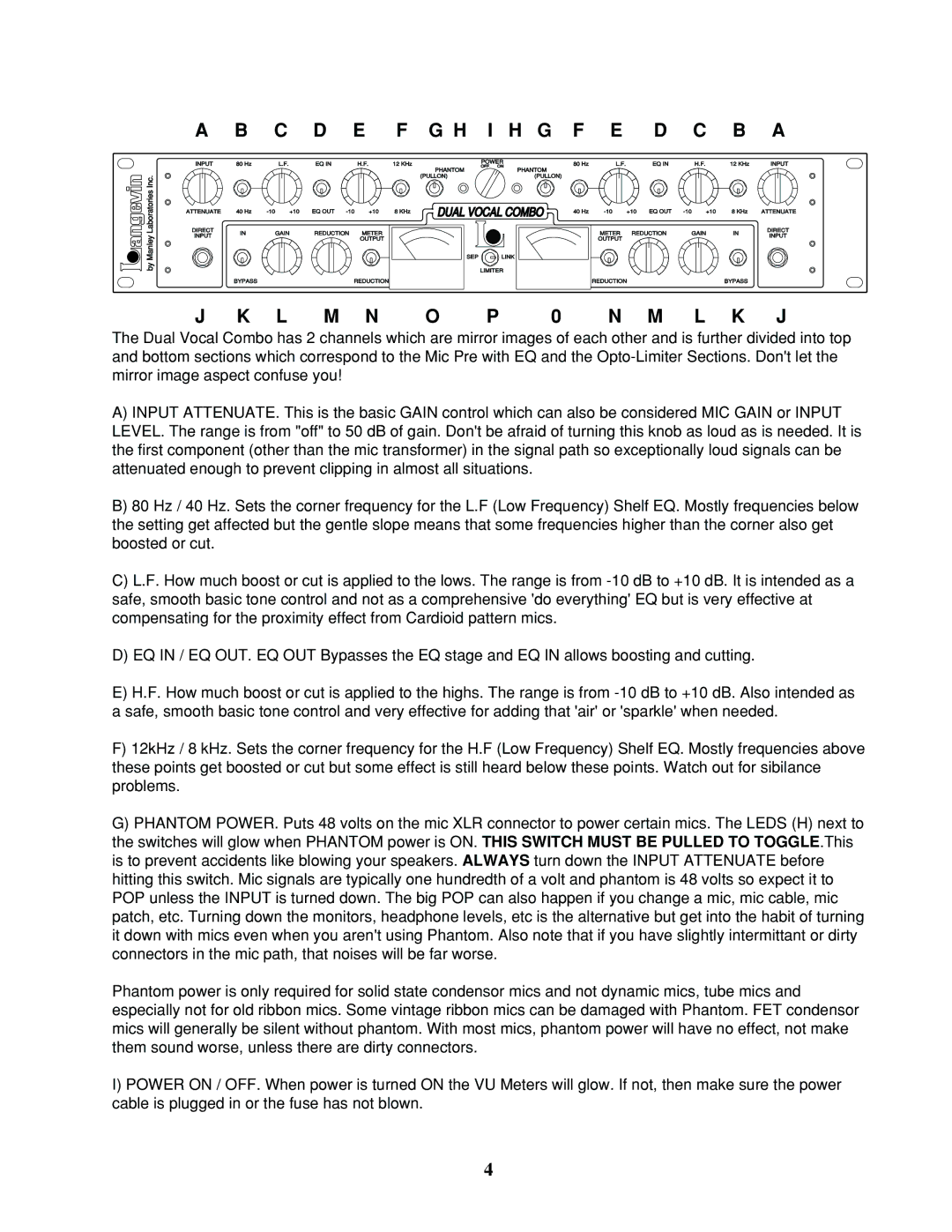 Manley Labs Langevin Dual Vocal Combo owner manual C D E F G H I H G F E D C B a 