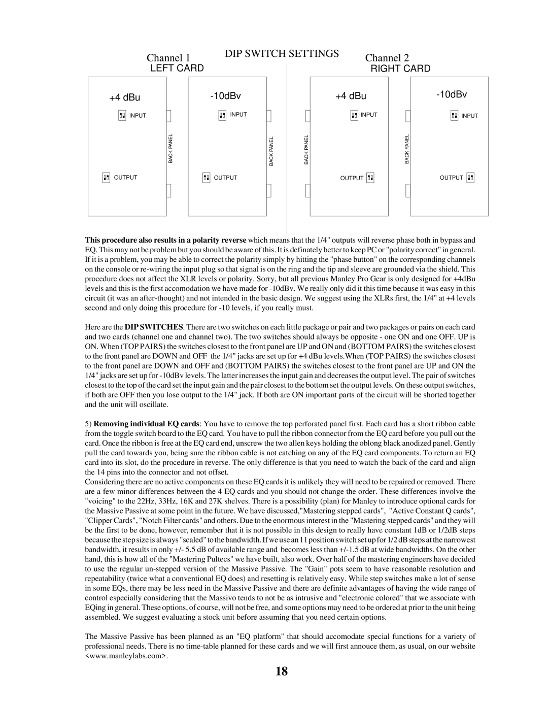 Manley Labs Manley Massive Passive Stereo Tube Equalizer owner manual DIP Switch Settings 