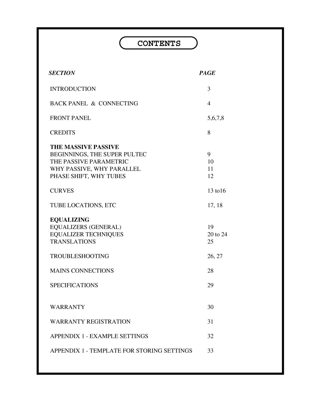 Manley Labs Manley Massive Passive Stereo Tube Equalizer owner manual Contents 