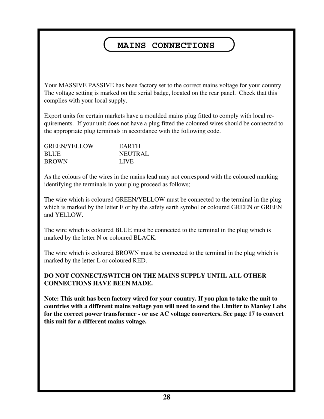 Manley Labs Manley Massive Passive Stereo Tube Equalizer owner manual Mains Connections 