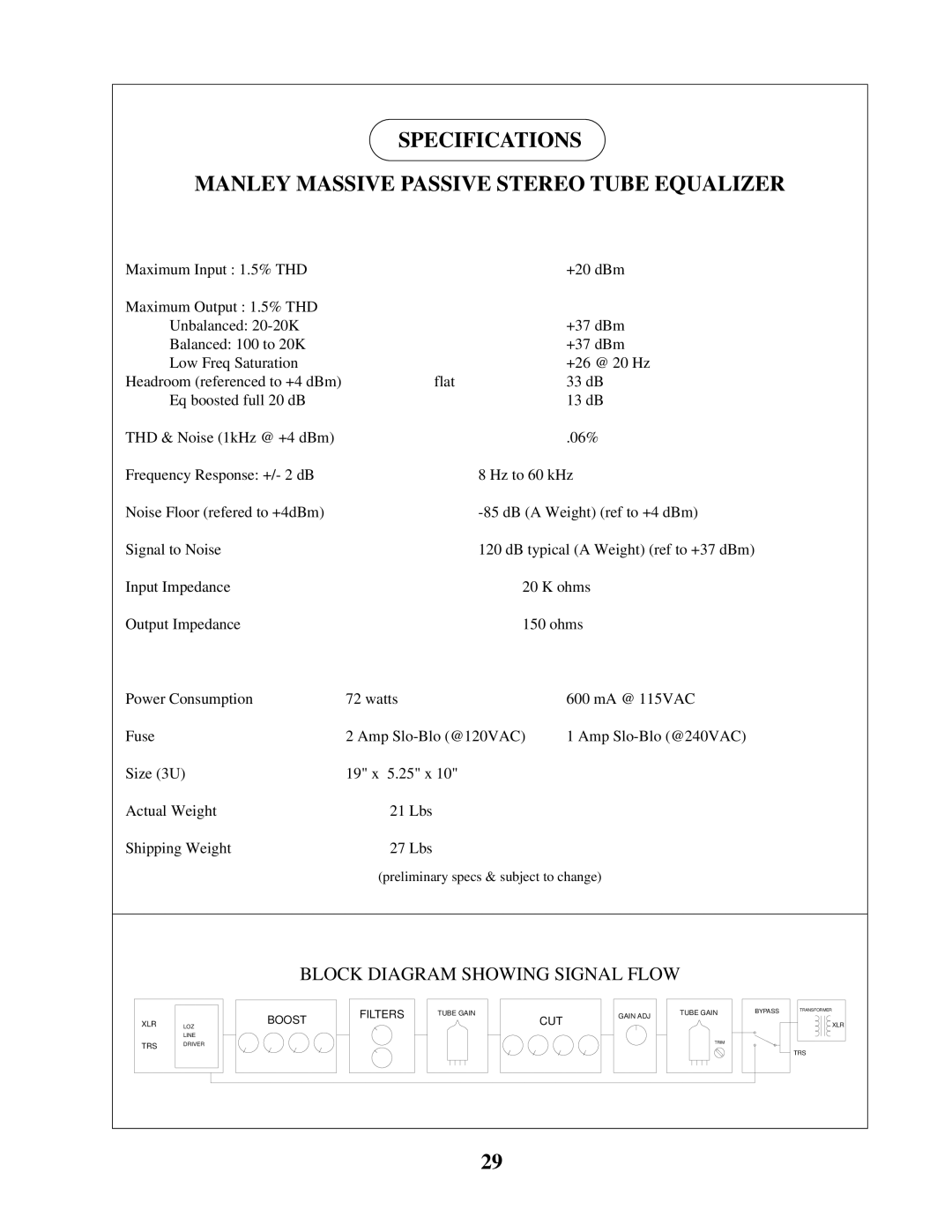 Manley Labs owner manual Specifications Manley Massive Passive Stereo Tube Equalizer 