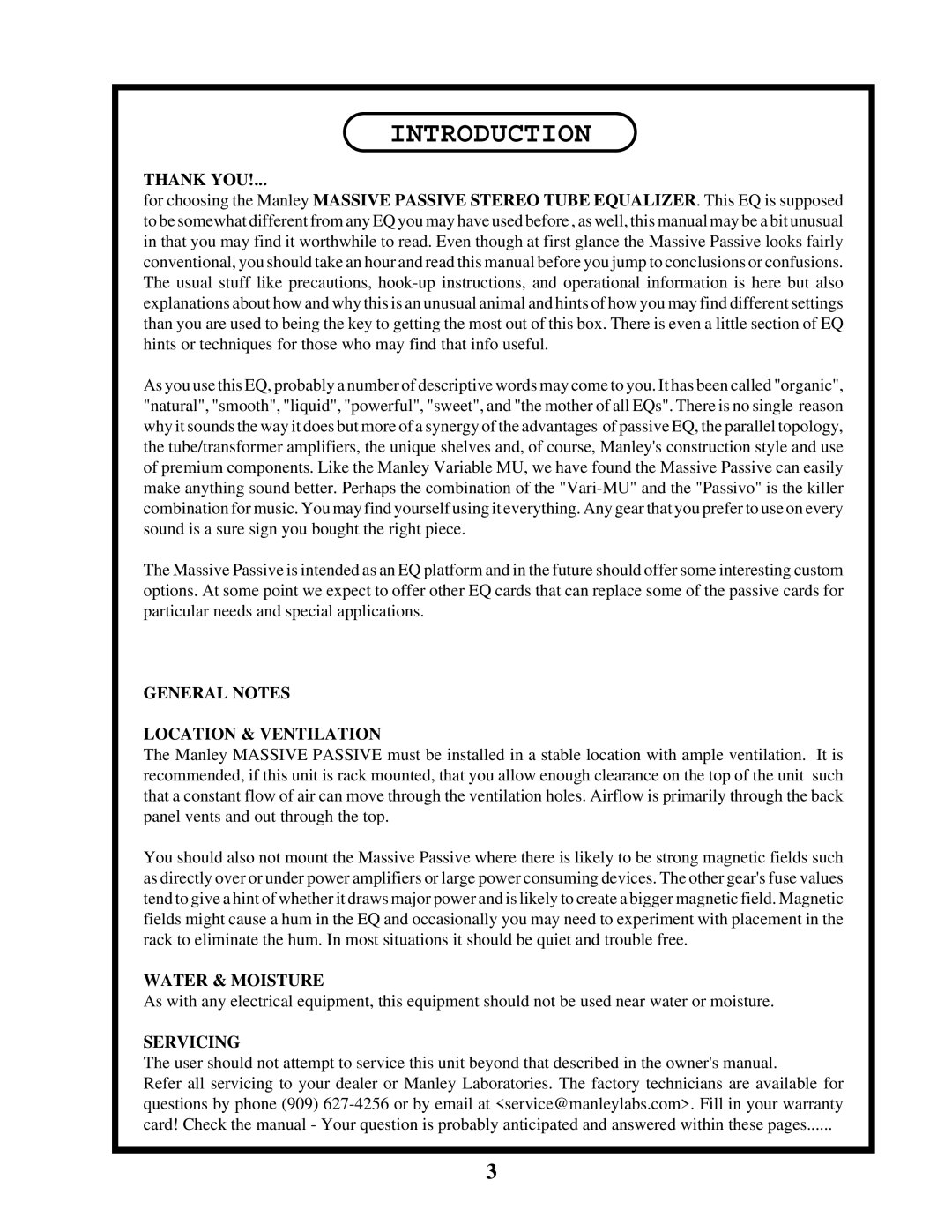 Manley Labs Manley Massive Passive Stereo Tube Equalizer owner manual Introduction 