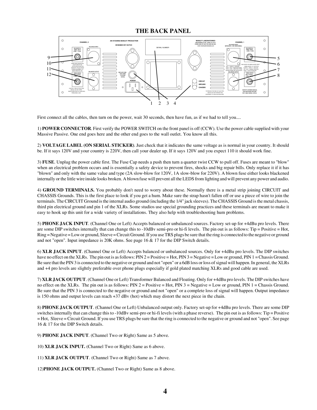 Manley Labs Manley Massive Passive Stereo Tube Equalizer owner manual Back Panel 