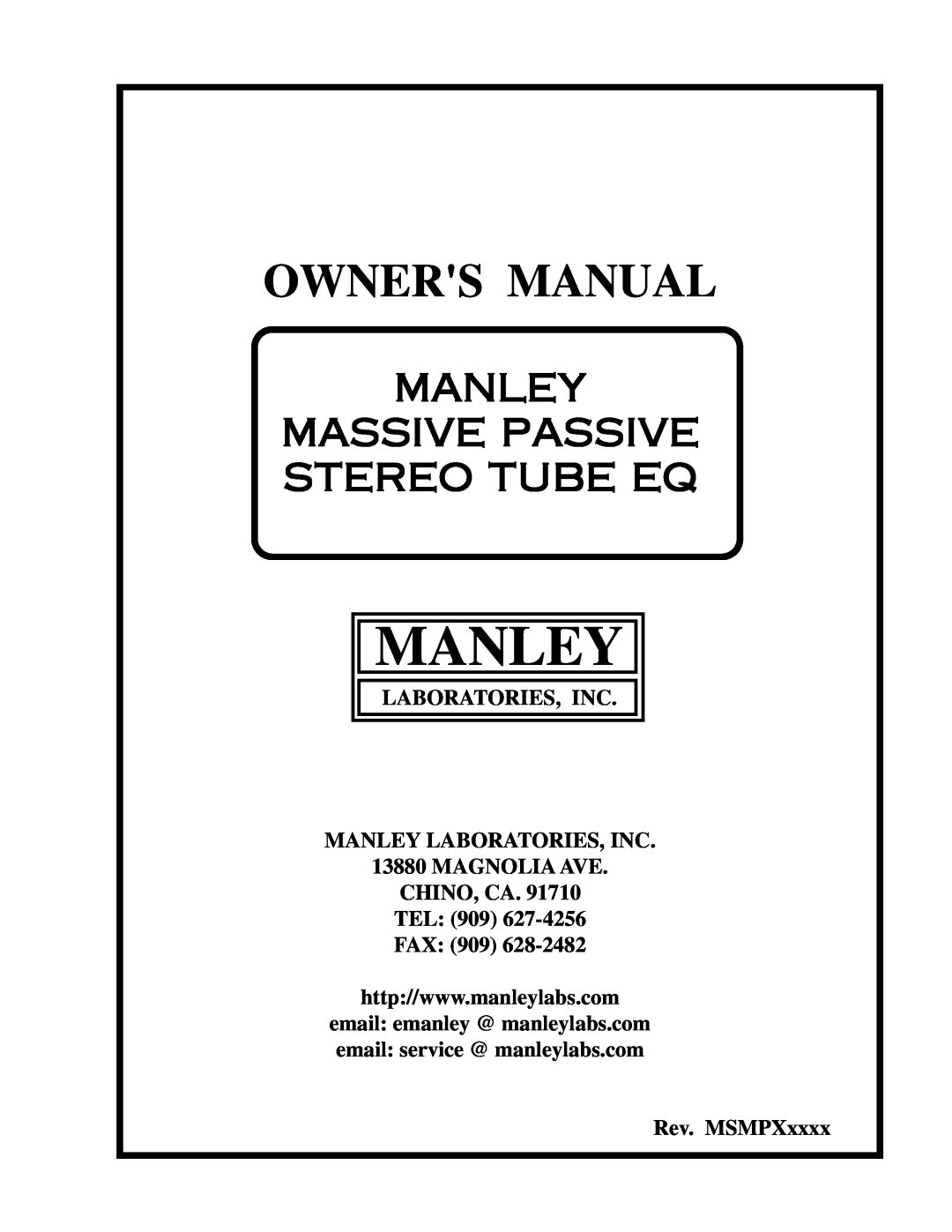 Manley Labs Manley Massive Passive Stereo Tube Equalizer owner manual Laboratories, Inc Manley Laboratories, Inc 