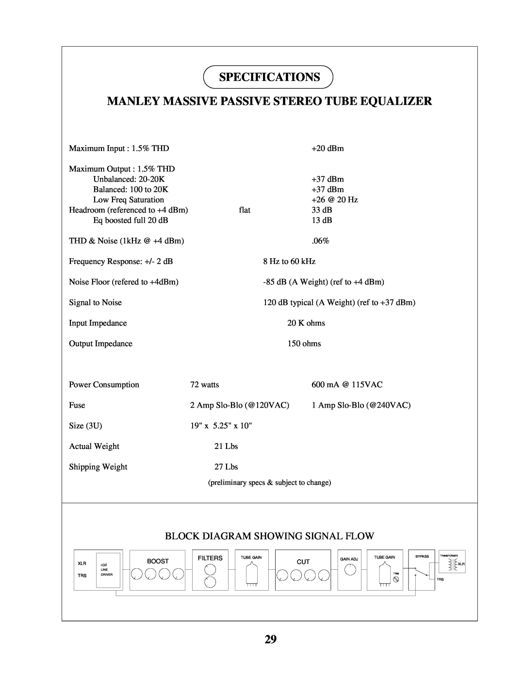 Manley Labs Manley Massive Passive Stereo Tube Equalizer owner manual Specifications, Block Diagram Showing Signal Flow 