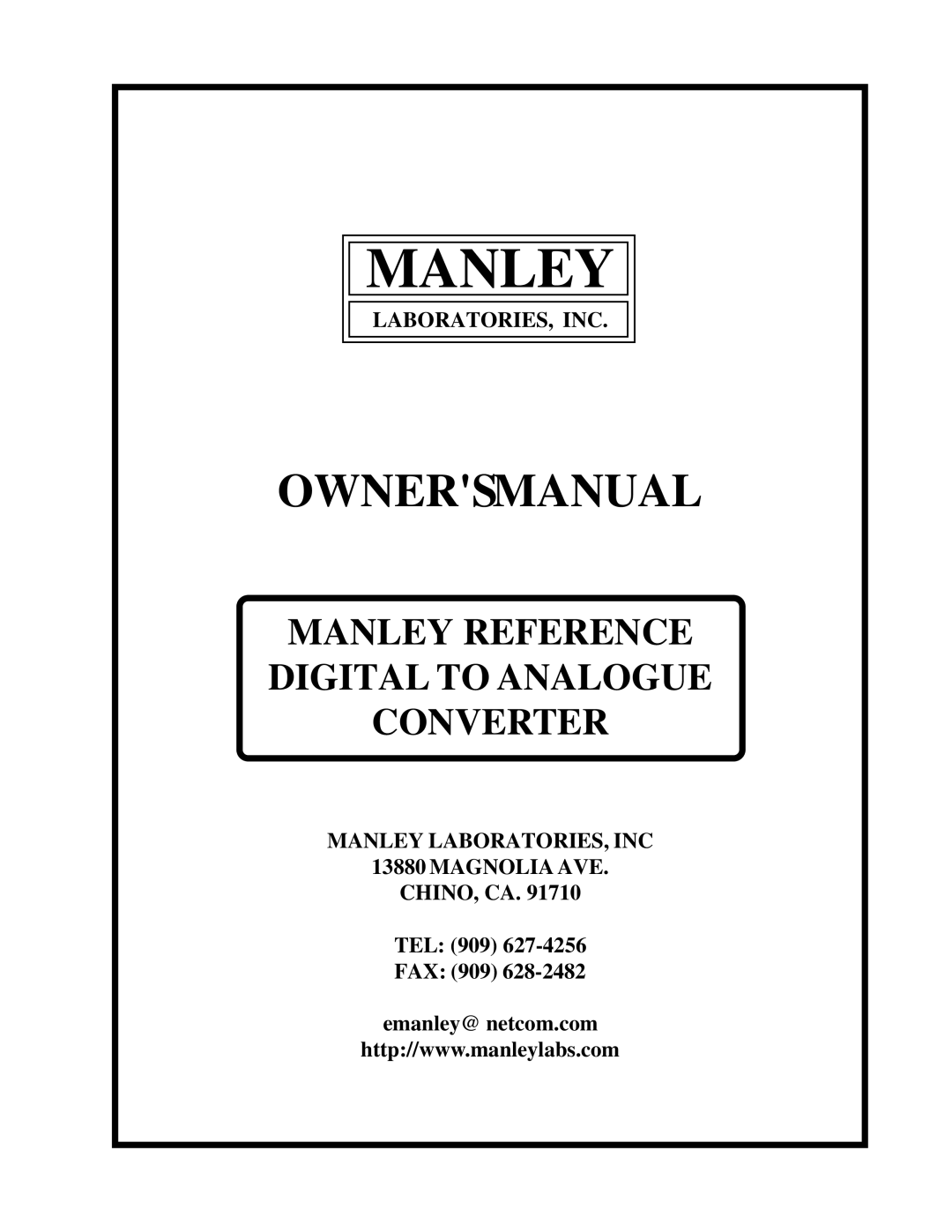 Manley Labs MANLEY REFERENCE DIGITAL TO ANALOGUE CONVERTER owner manual Manley 