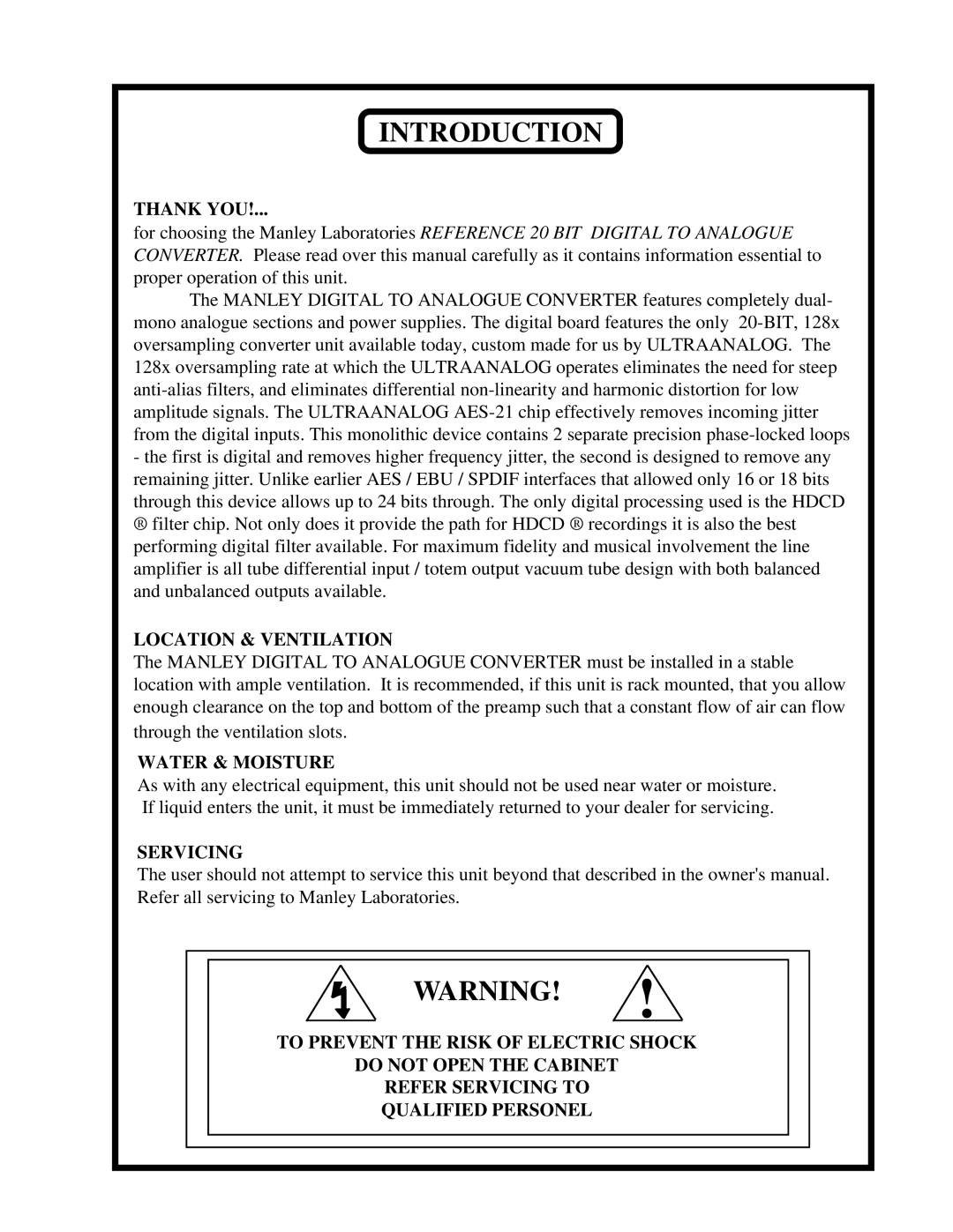 Manley Labs MANLEY REFERENCE DIGITAL TO ANALOGUE CONVERTER owner manual Introduction, Thank YOU 