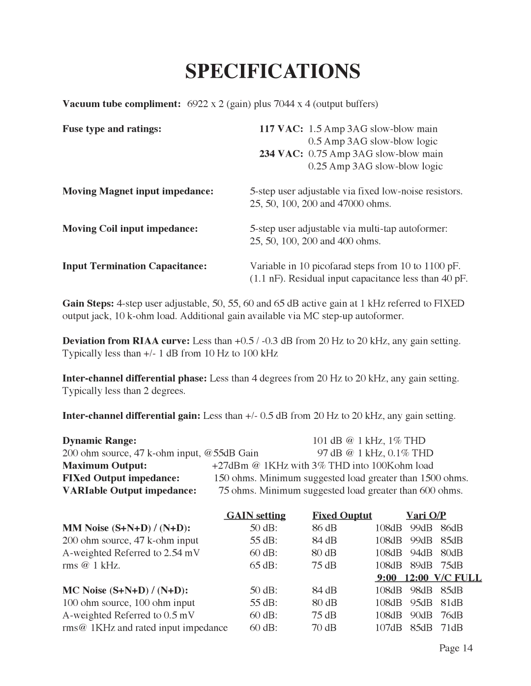 Manley Labs MM/MC GRAMOPHONE CARTRIDGE PREAMPLIFIER owner manual Specifications, Fuse type and ratings 