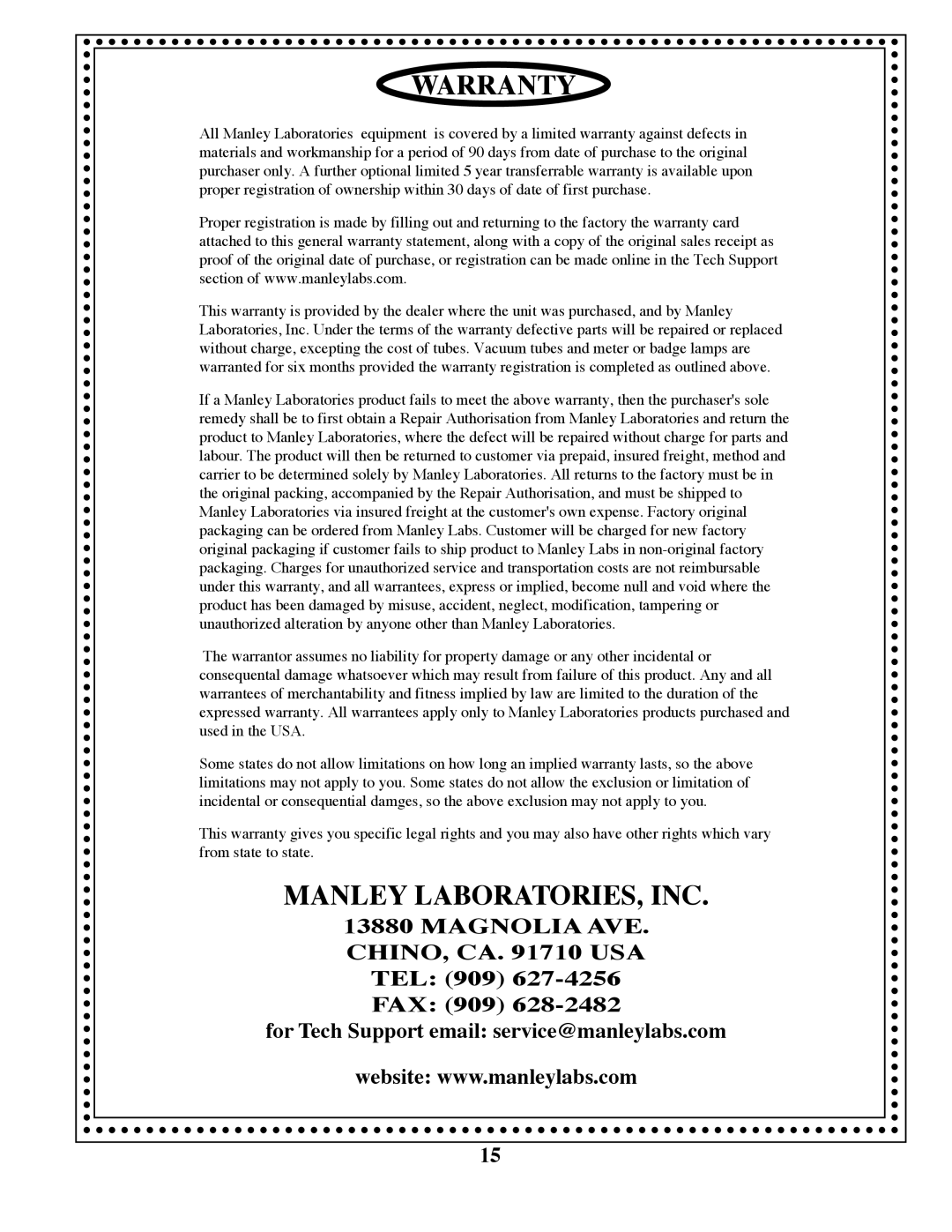 Manley Labs MM/MC GRAMOPHONE CARTRIDGE PREAMPLIFIER owner manual Warranty, Manley LABORATORIES, INC 