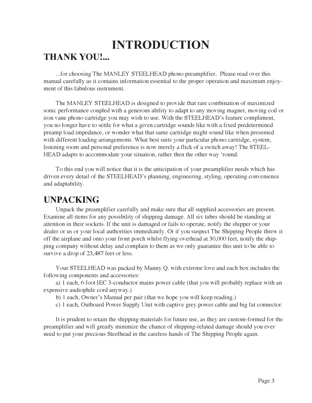 Manley Labs MM/MC GRAMOPHONE CARTRIDGE PREAMPLIFIER owner manual Introduction, Thank YOU, Unpacking 