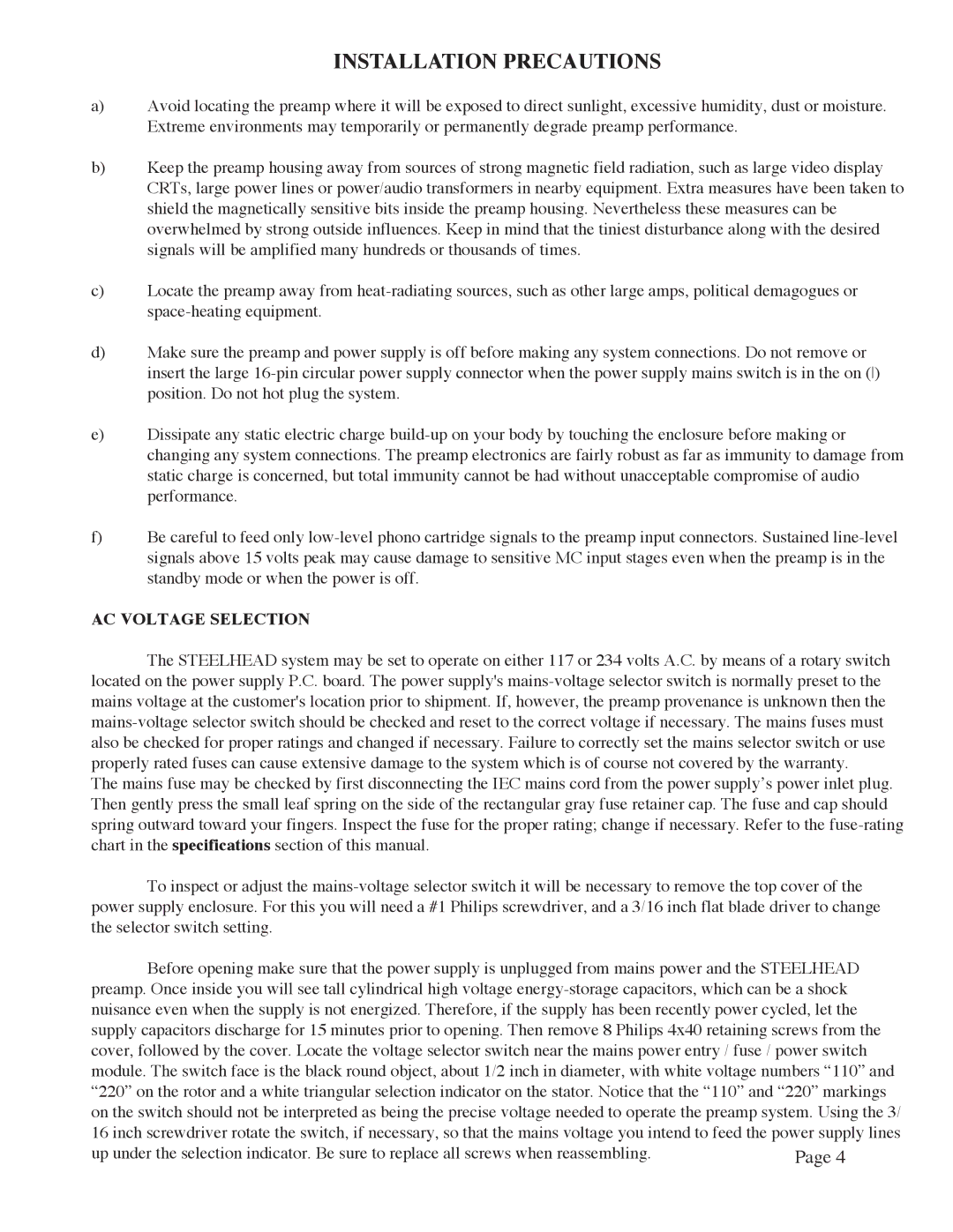 Manley Labs MM/MC GRAMOPHONE CARTRIDGE PREAMPLIFIER owner manual Installation Precautions 