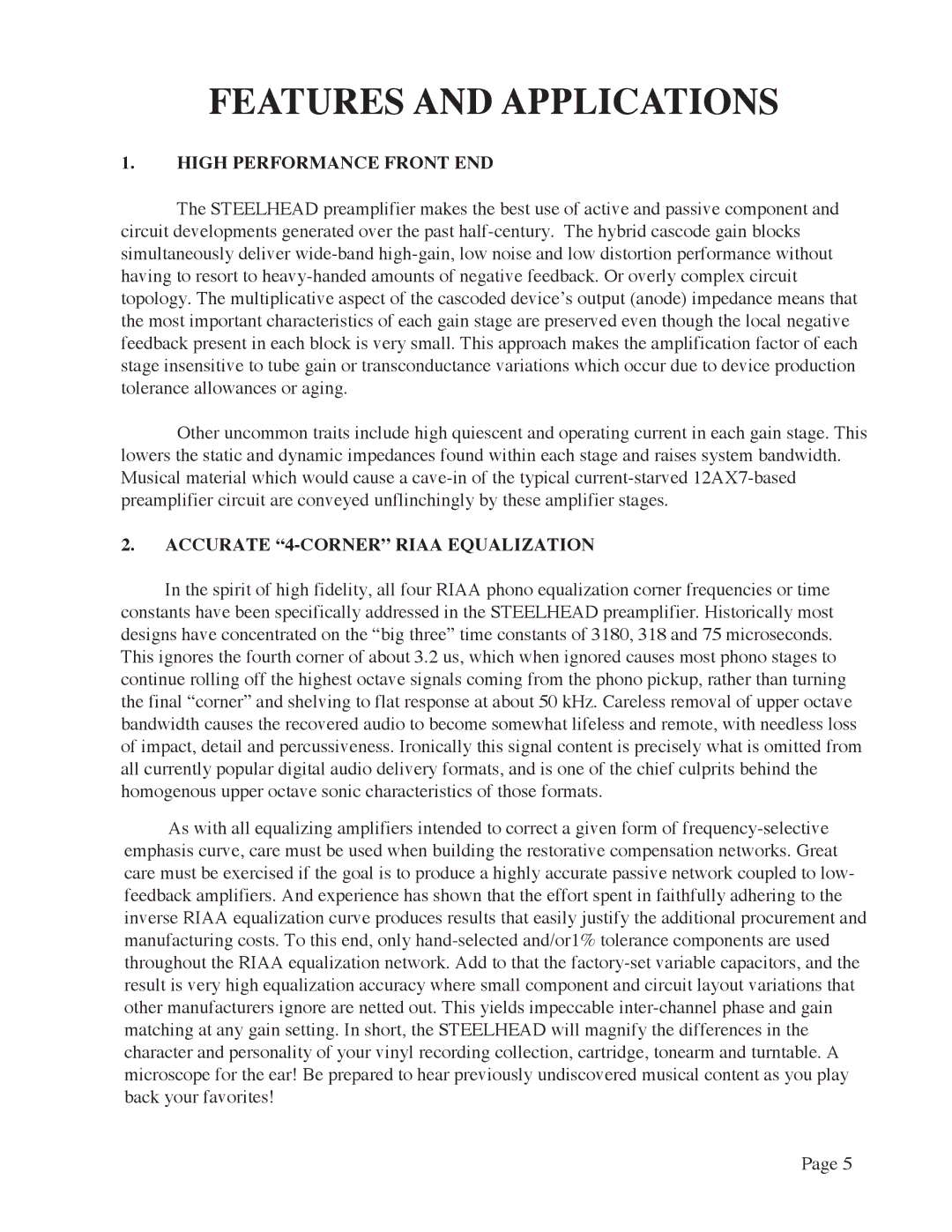 Manley Labs MM/MC GRAMOPHONE CARTRIDGE PREAMPLIFIER owner manual Features and Applications, High Performance Front END 