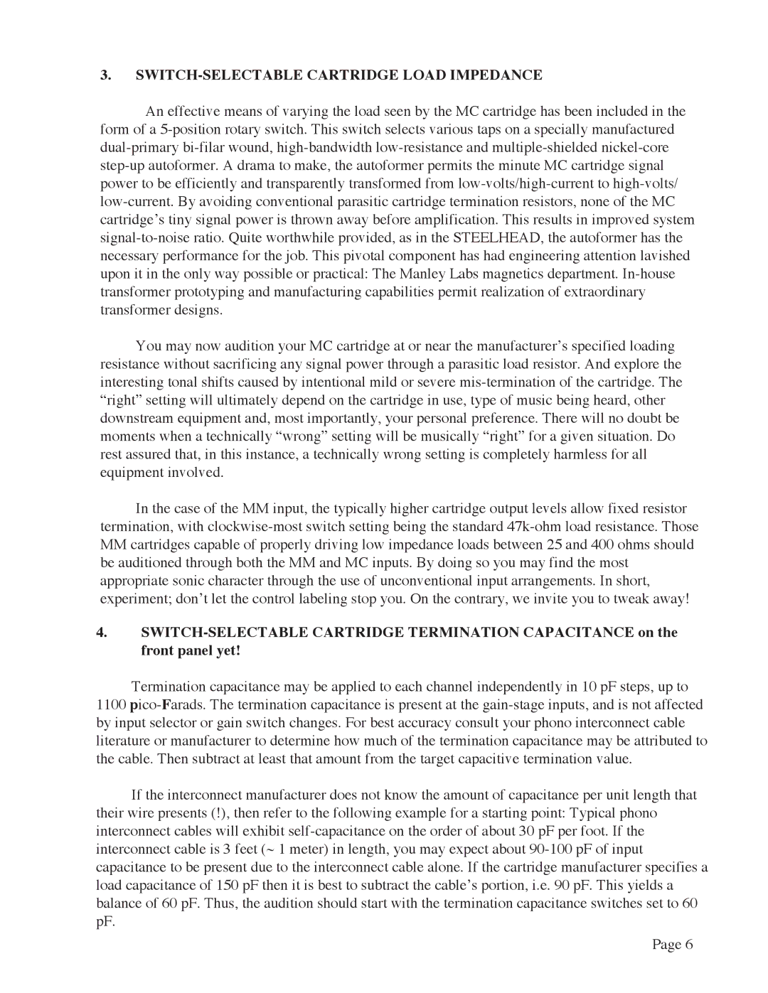 Manley Labs MM/MC GRAMOPHONE CARTRIDGE PREAMPLIFIER owner manual SWITCH-SELECTABLE Cartridge Load Impedance 