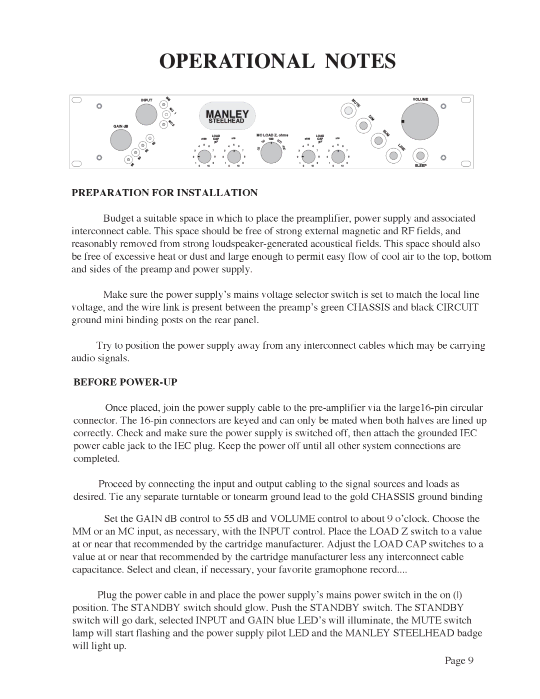 Manley Labs MM/MC GRAMOPHONE CARTRIDGE PREAMPLIFIER Operational Notes, Preparation for Installation, Before POWER-UP 