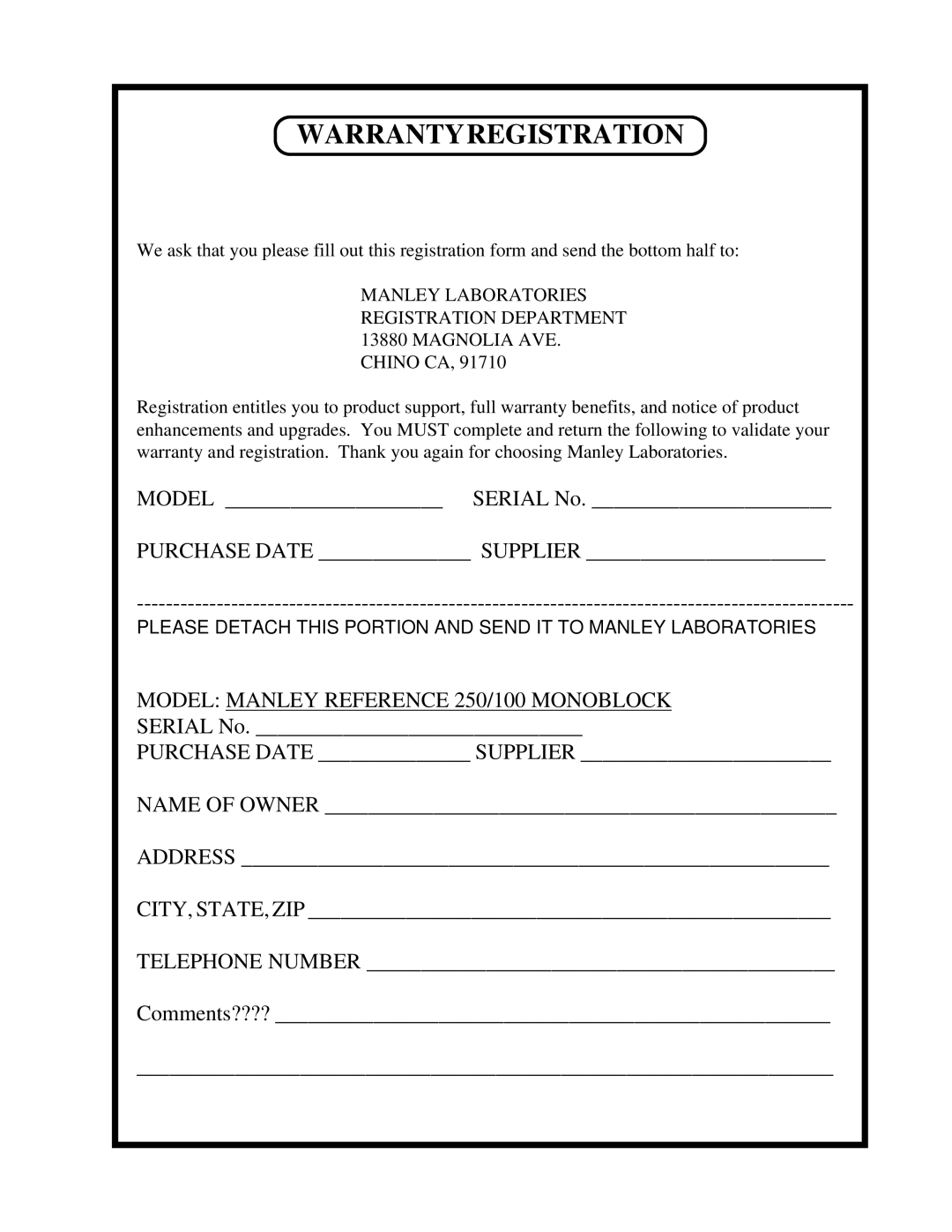 Manley Labs MONOBLOCK AMPLIFIER owner manual Warrantyregistration 