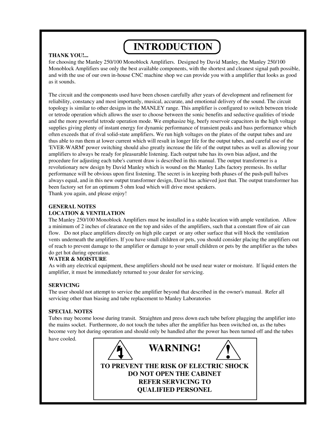 Manley Labs MONOBLOCK AMPLIFIER owner manual Introduction, Thank YOU 