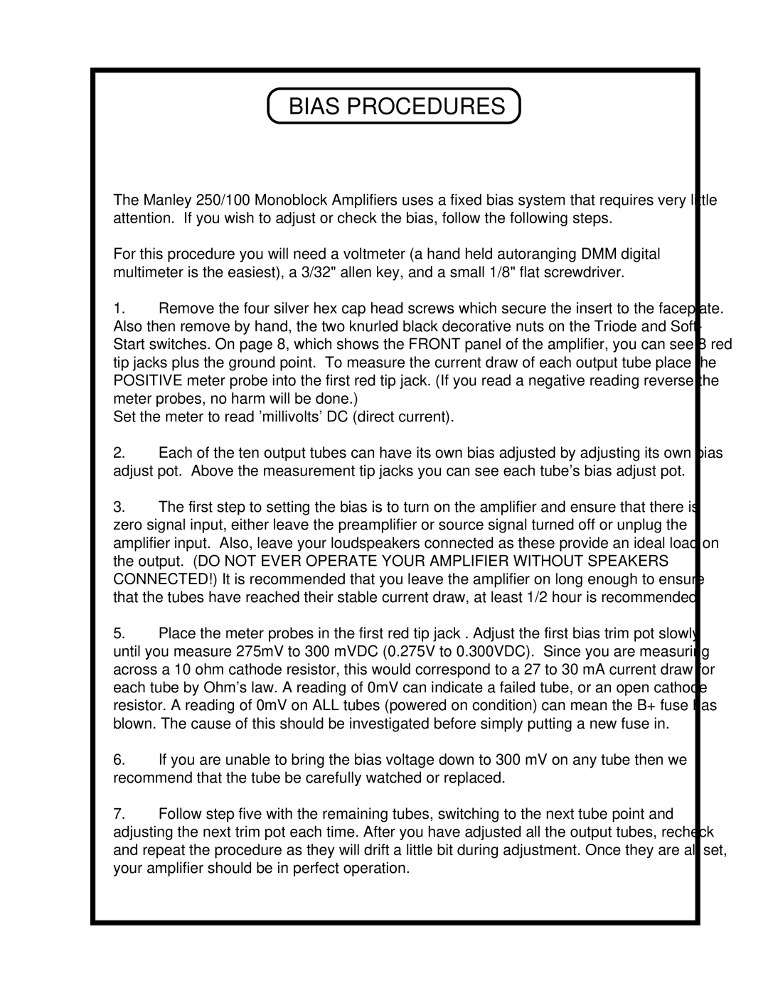 Manley Labs MONOBLOCK AMPLIFIER owner manual Bias Procedures 