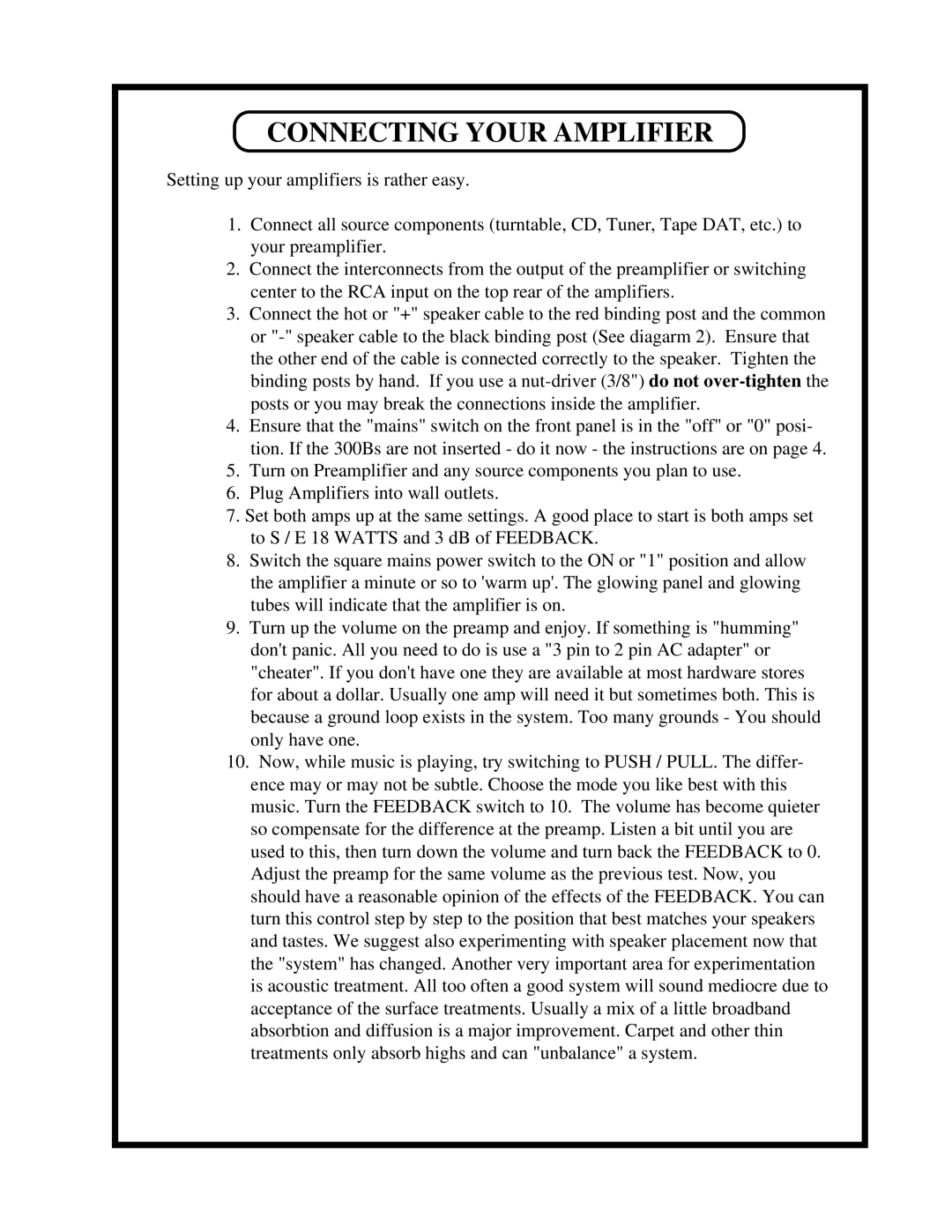 Manley Labs SE/PP 300B owner manual Connecting Your Amplifier 