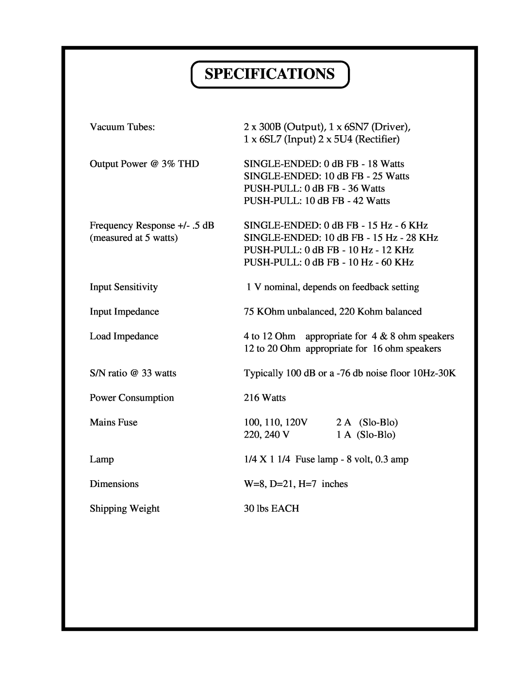 Manley Labs SE/PP 300B owner manual Specifications 