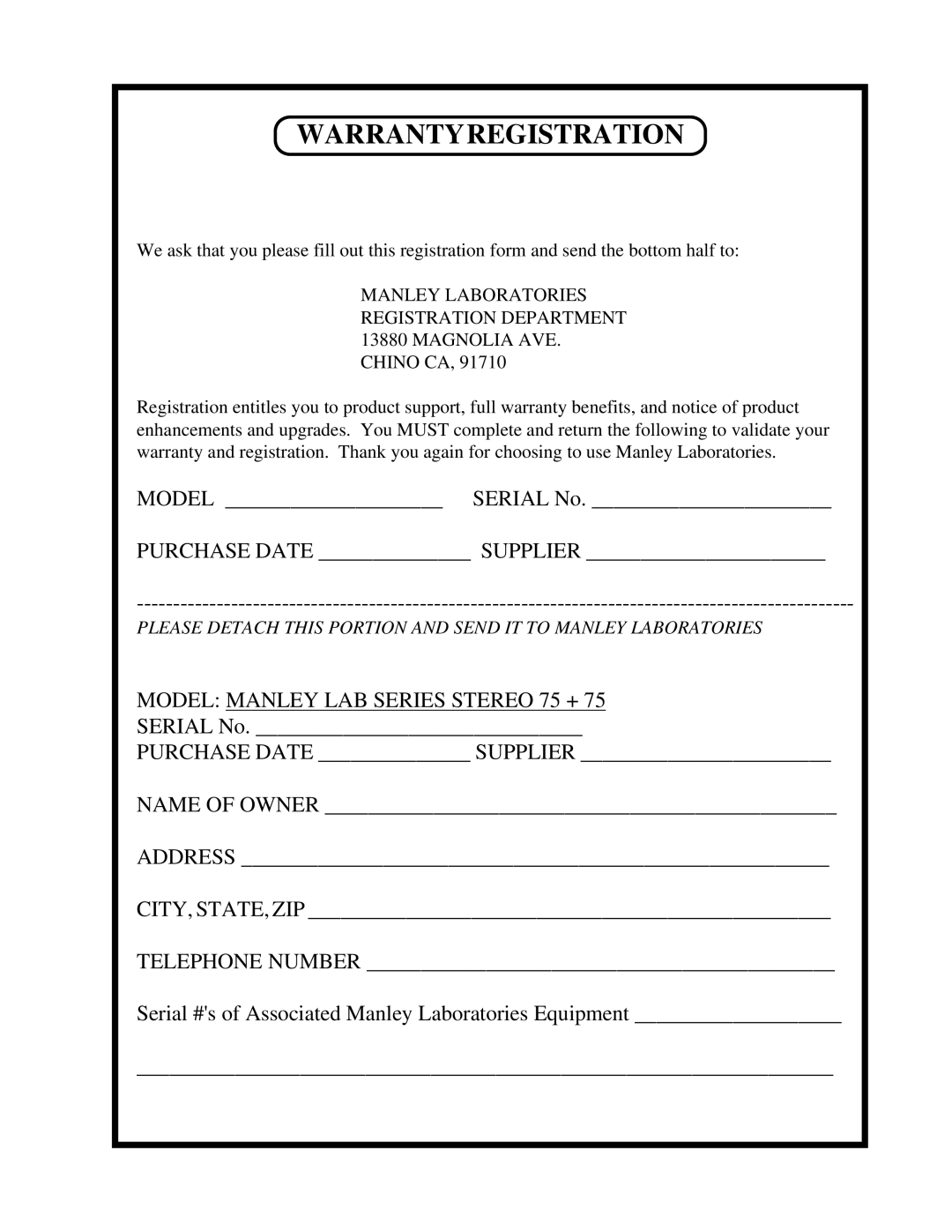 Manley Labs STEREO 75+75 WATT AMPLIFIER owner manual Warrantyregistration 