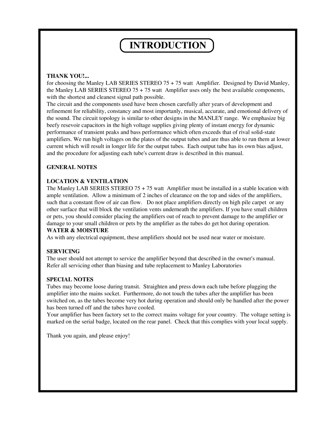 Manley Labs STEREO 75+75 WATT AMPLIFIER owner manual Introduction, Thank YOU 