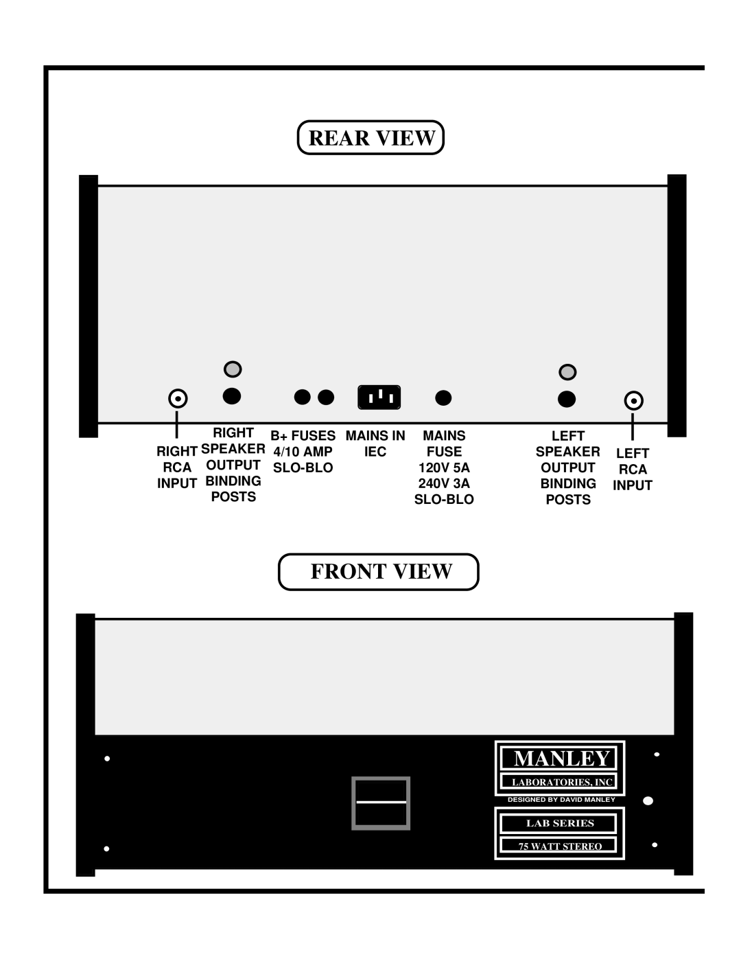 Manley Labs STEREO 75+75 WATT AMPLIFIER owner manual Rear View, Front View 