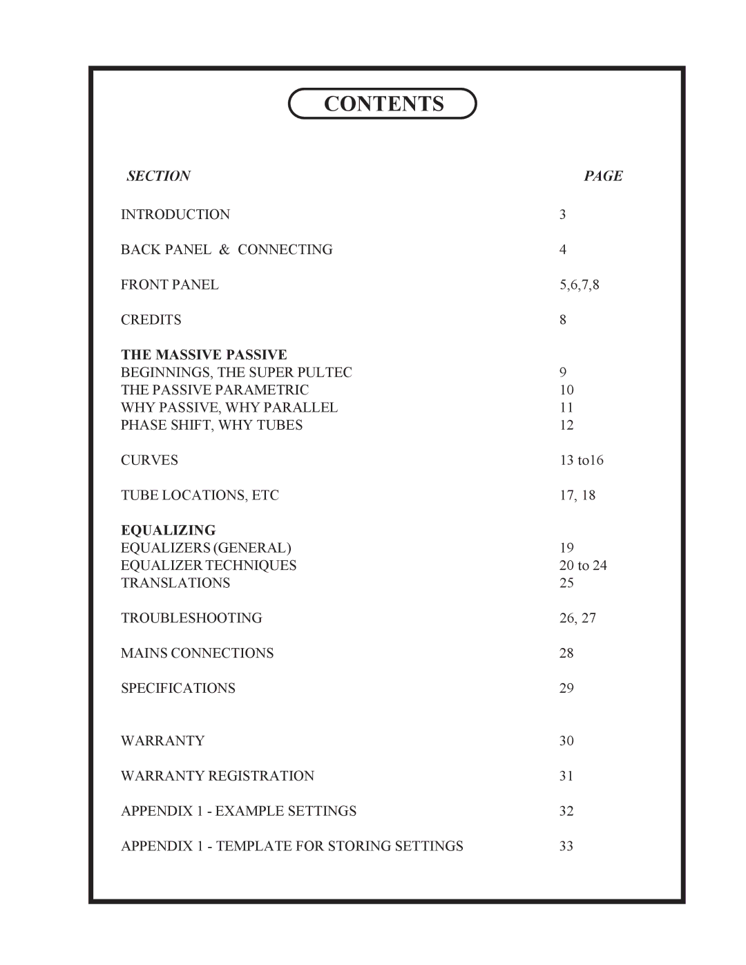 Manley Labs STEREO EQ owner manual Contents 