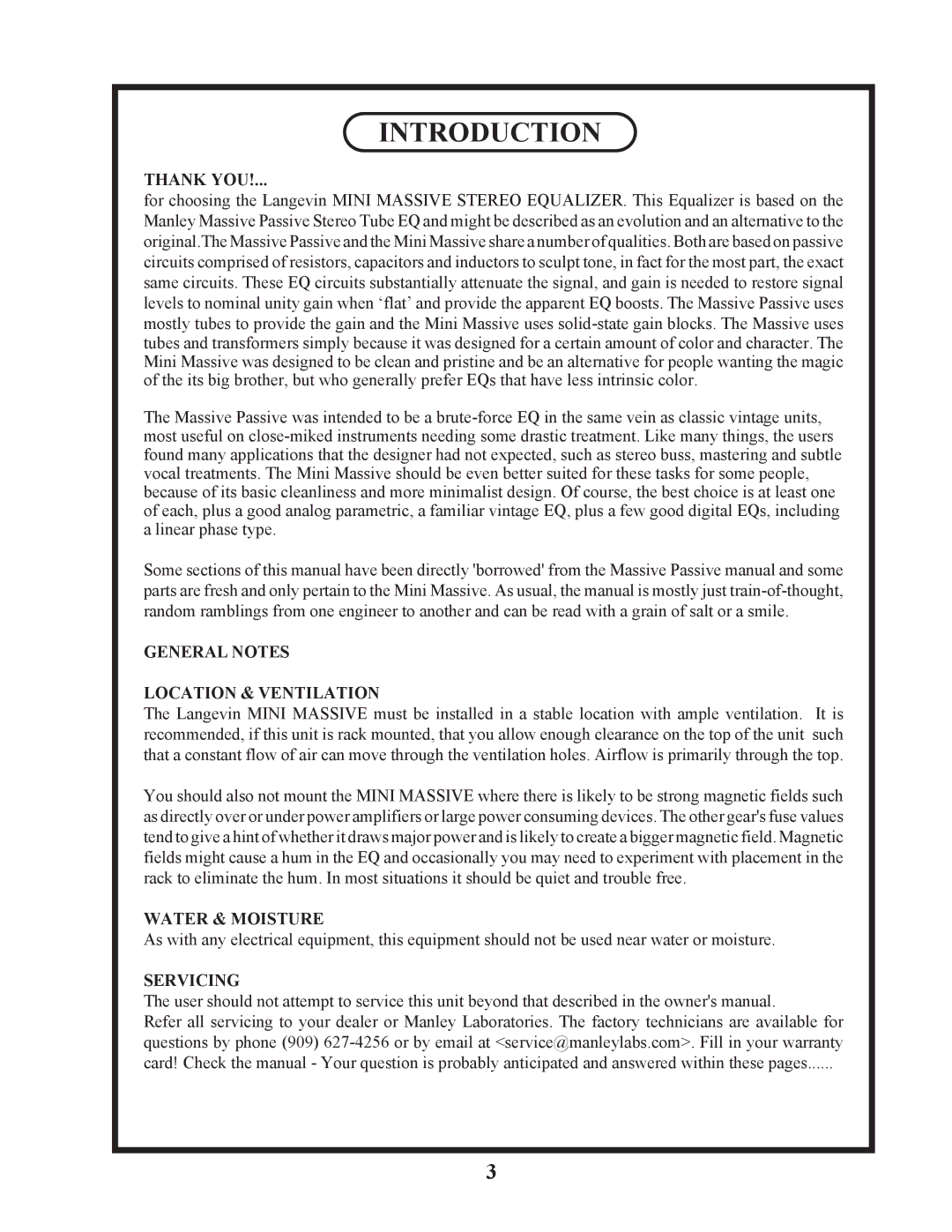 Manley Labs STEREO EQ owner manual Introduction, Thank YOU 