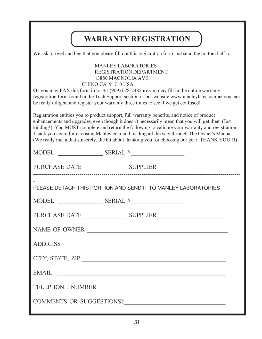 Manley Labs STEREO EQ owner manual Warranty Registration 