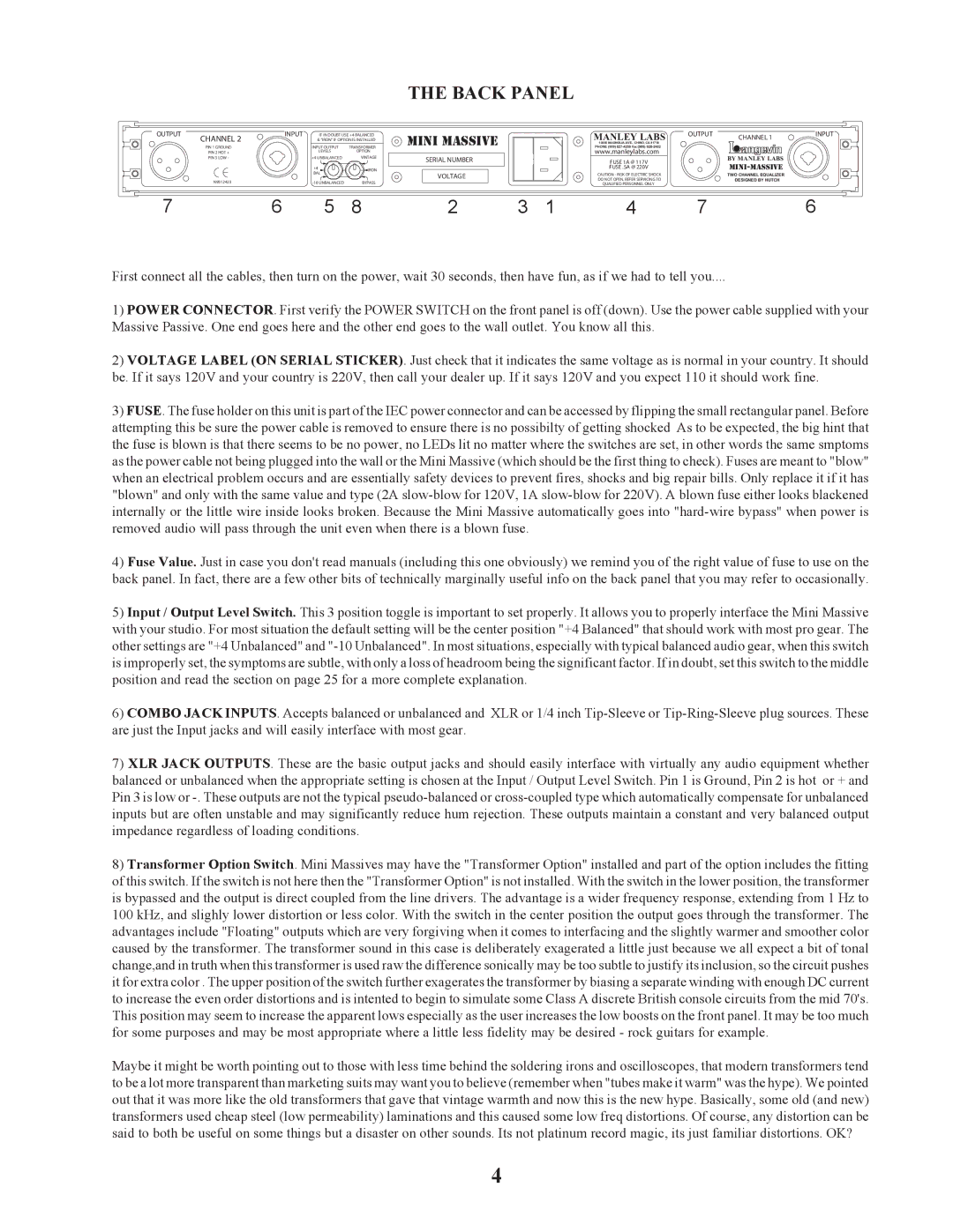 Manley Labs STEREO EQ owner manual Back Panel, Channel 