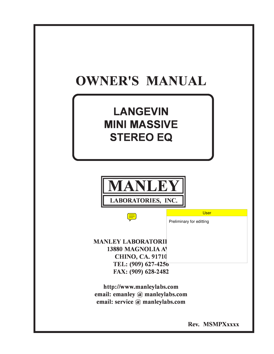 Manley Labs STEREO EQ owner manual Laboratories, Inc Manley Laboratories, Inc, MAGNOLIA AVE CHINO, CA. TEL 909 FAX 