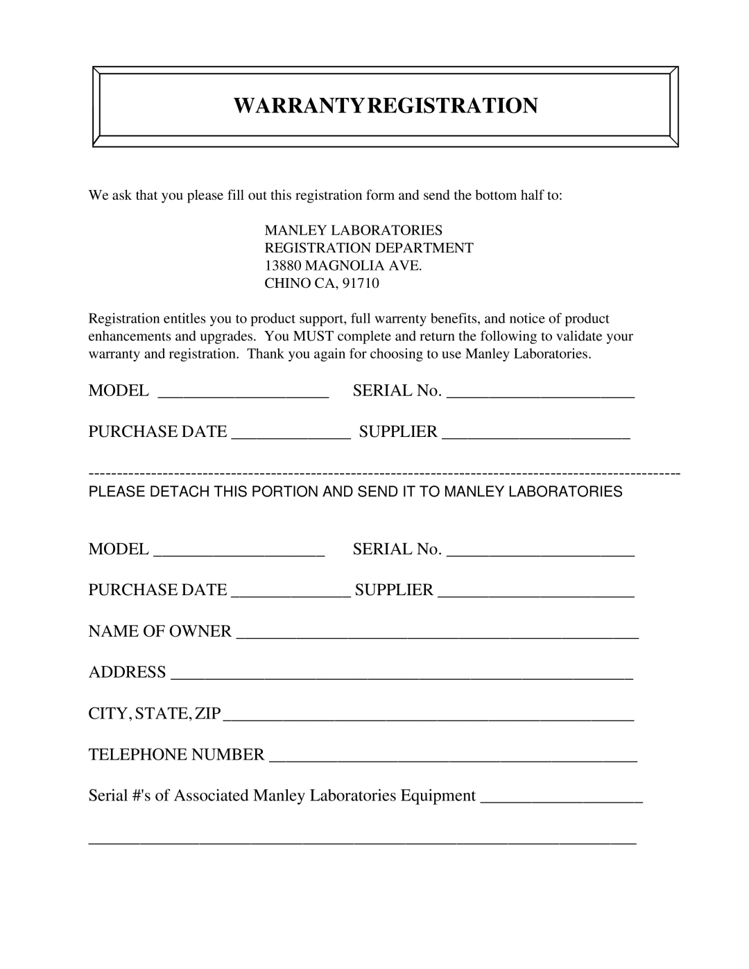 Manley Labs STUDIO STANDARD 350 WATT MONOBLOCK AMPLIFIER owner manual Warrantyregistration 