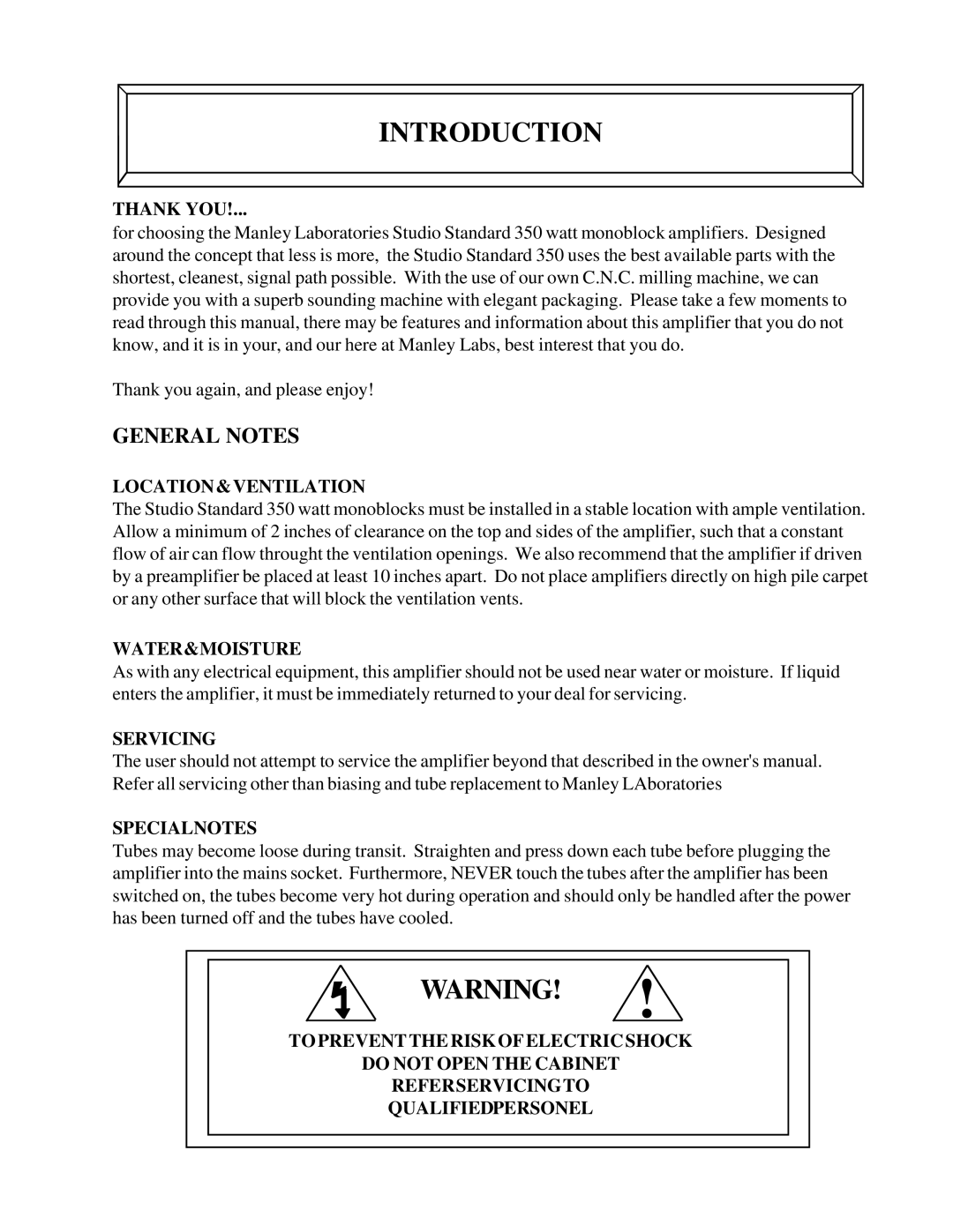 Manley Labs STUDIO STANDARD 350 WATT MONOBLOCK AMPLIFIER owner manual Introduction, Thank YOU 