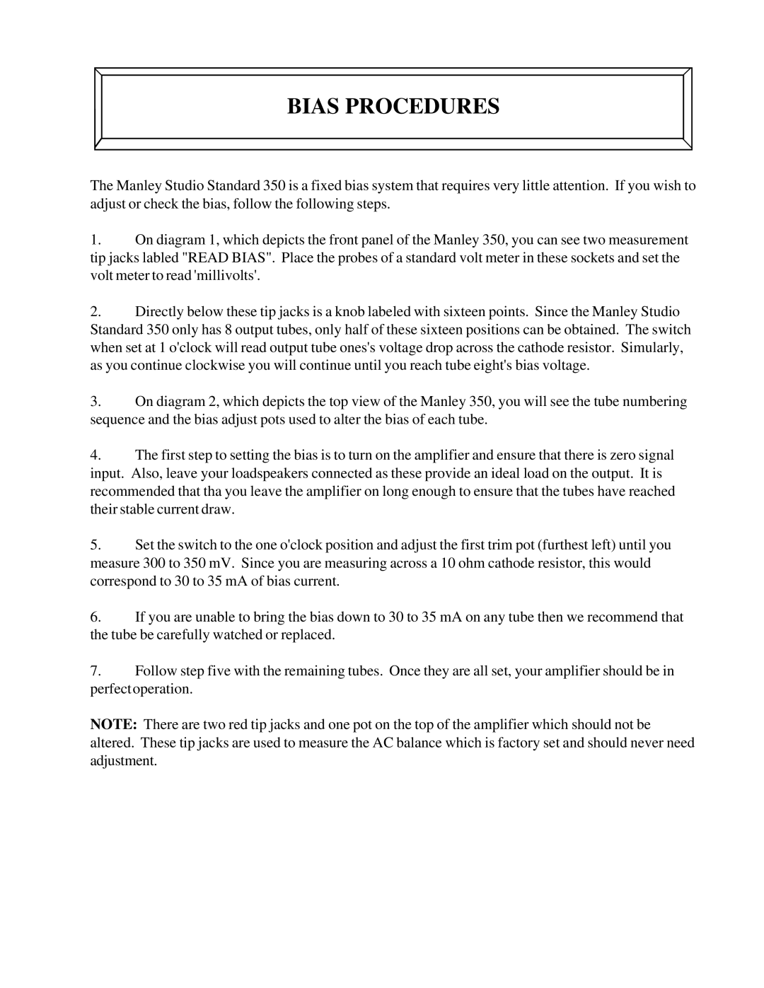 Manley Labs STUDIO STANDARD 350 WATT MONOBLOCK AMPLIFIER owner manual Bias Procedures 