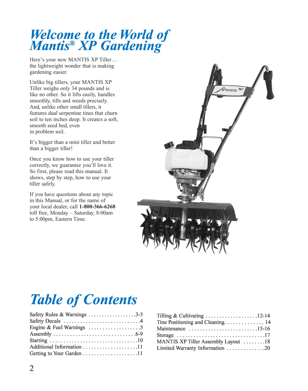 Mantis 401764 XP owner manual Table of Contents, Welcome to the World of Mantis XP Gardening 