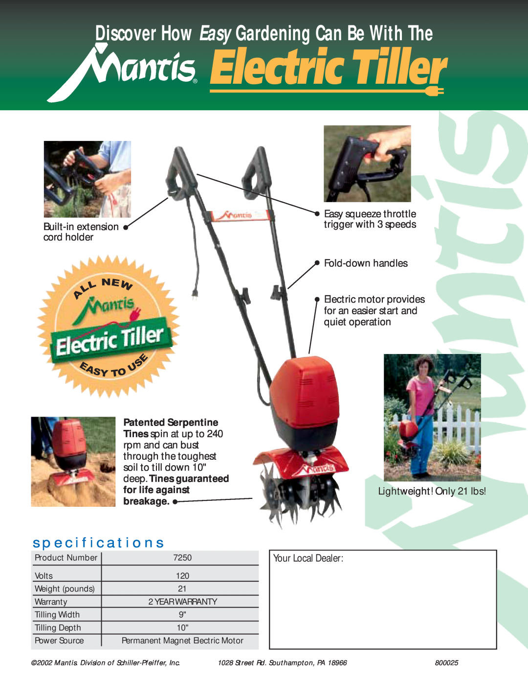 Mantis 7250 specifications Electric Tiller, Built-in extension cord holder, Fold-down handles, Your Local Dealer, Y T 