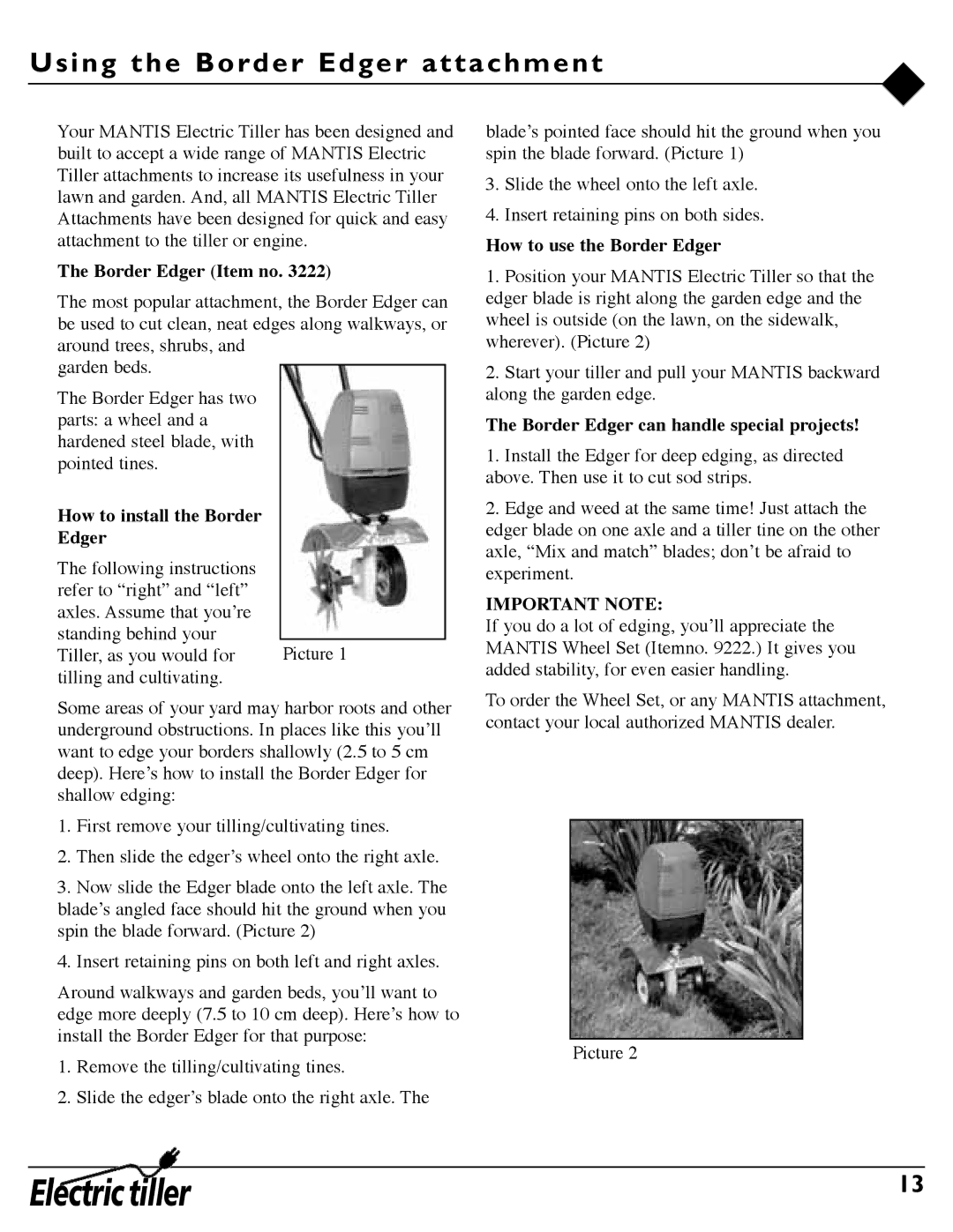 Mantis 7252 owner manual Using the Border Edger attachment, Border Edger Item no, How to install the Border Edger 