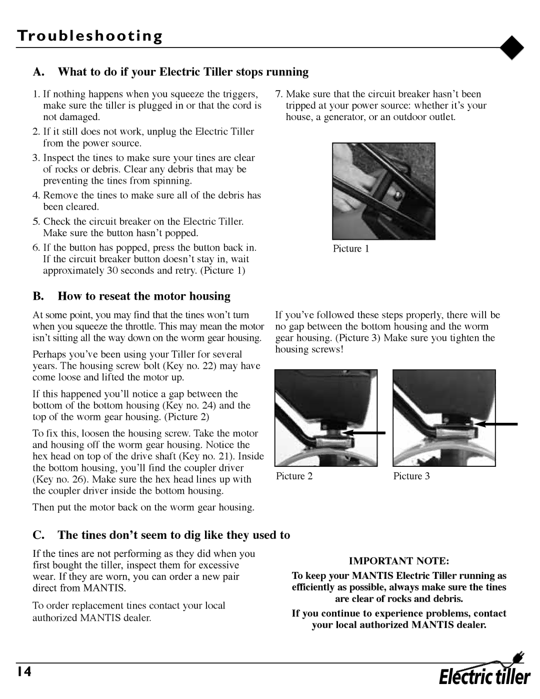 Mantis 7252 Tro u bl e s h o o t i n g, What to do if your Electric Tiller stops running, How to reseat the motor housing 