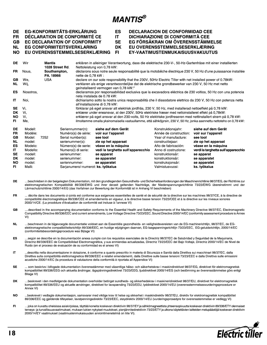 Mantis 7252 owner manual Electric tiller 