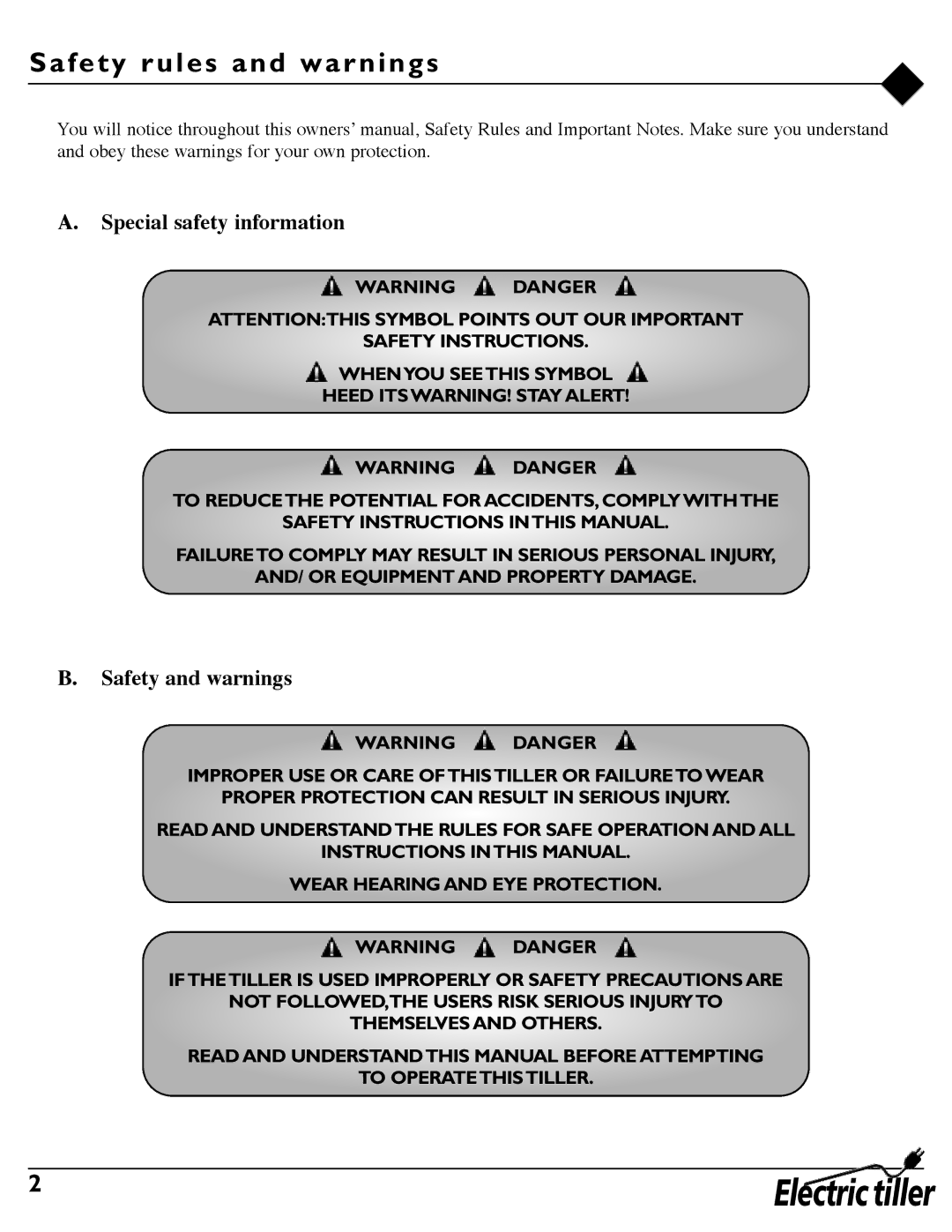 Mantis 7252 owner manual Safety rules and warnings, Special safety information, Safety and warnings 