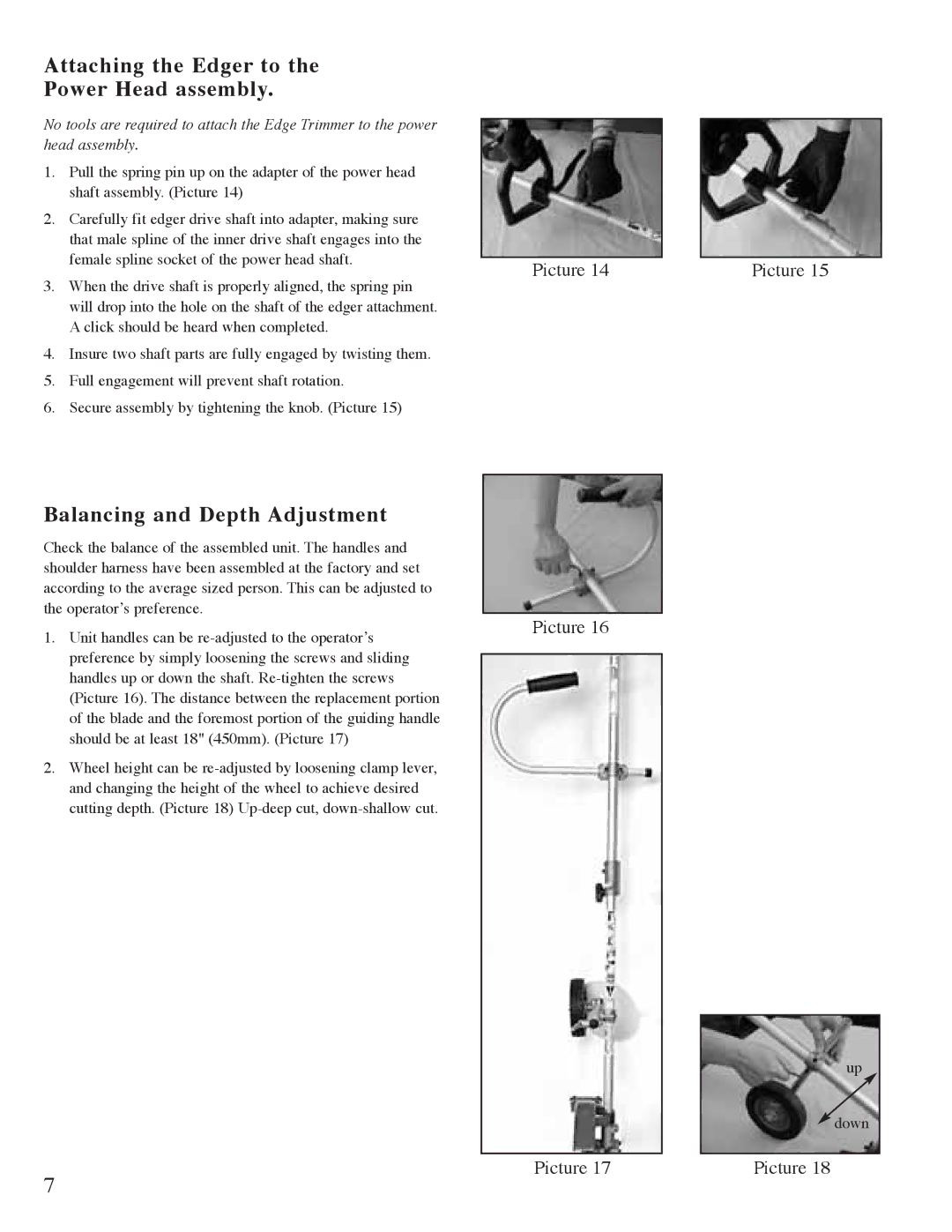 Mantis E" System owner manual Attaching the Edger to Power Head assembly, Balancing and Depth Adjustment 