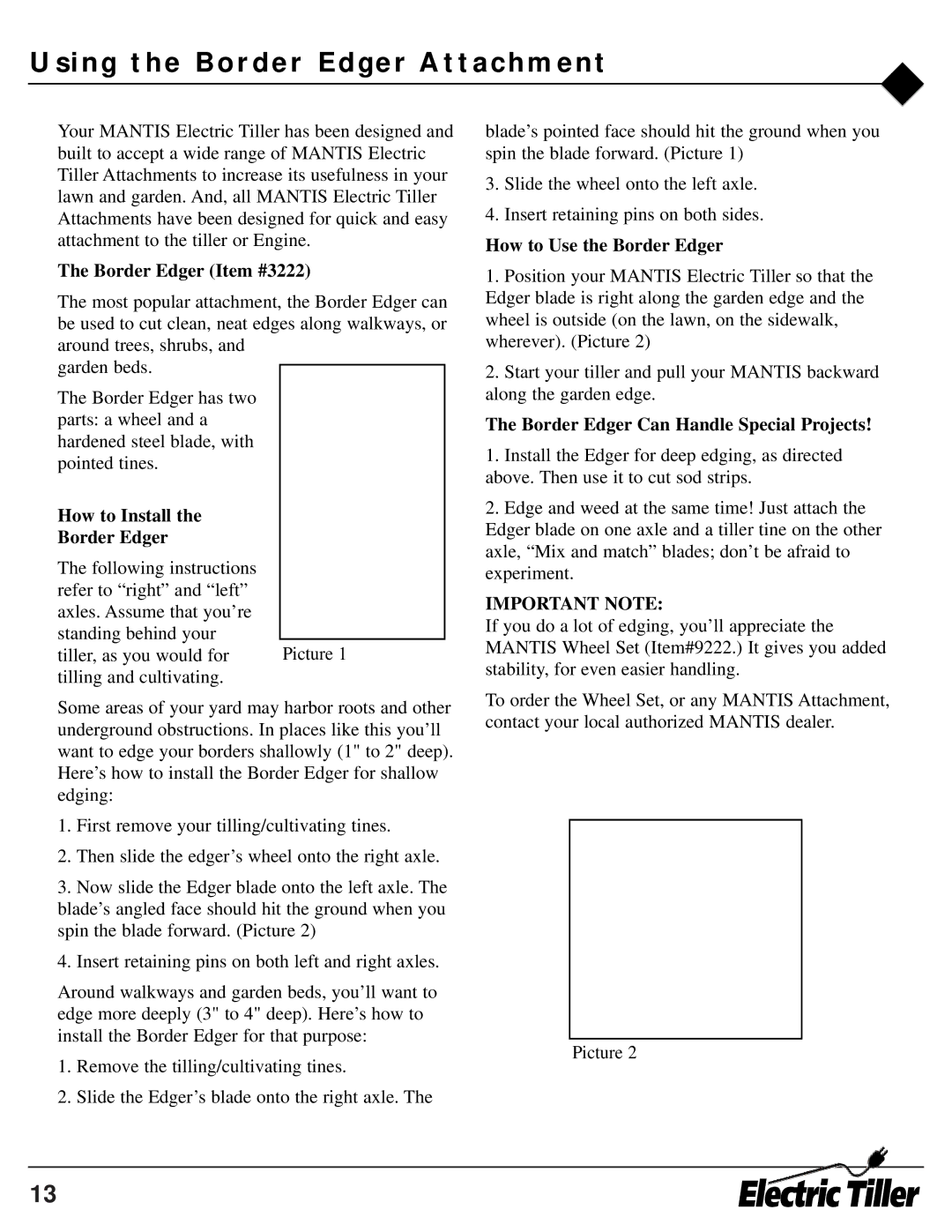 Mantis ElectricTiller owner manual Using the Border Edger Attachment, Border Edger Item #3222, How to Install Border Edger 