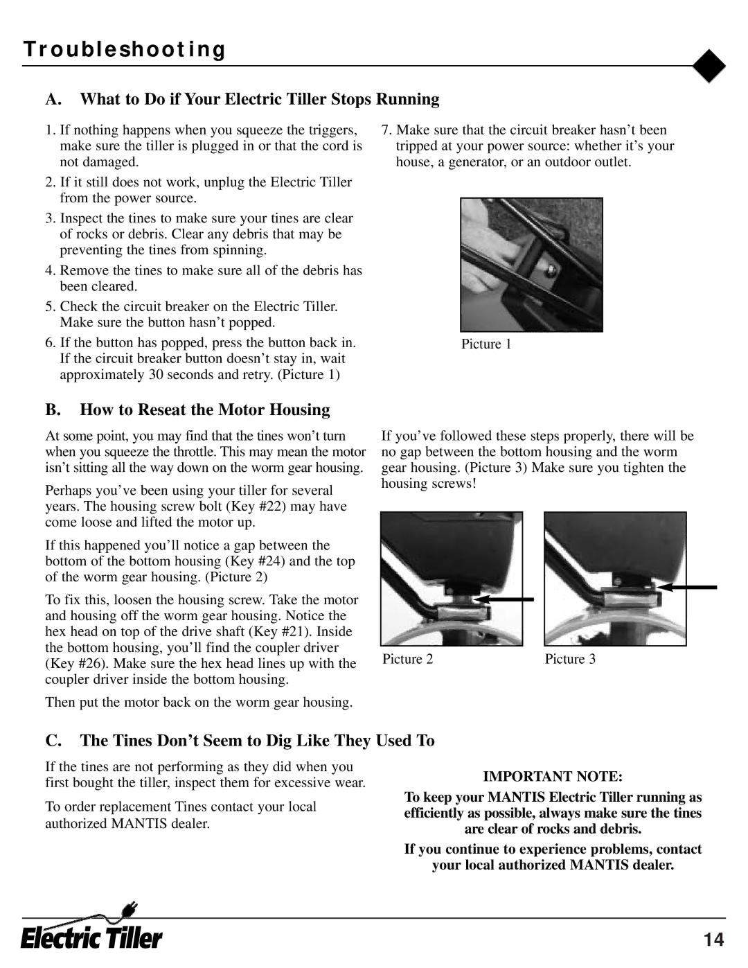 Mantis ElectricTiller owner manual Tro u bl e s h o o t i n g, What to Do if Your Electric Tiller Stops Running 