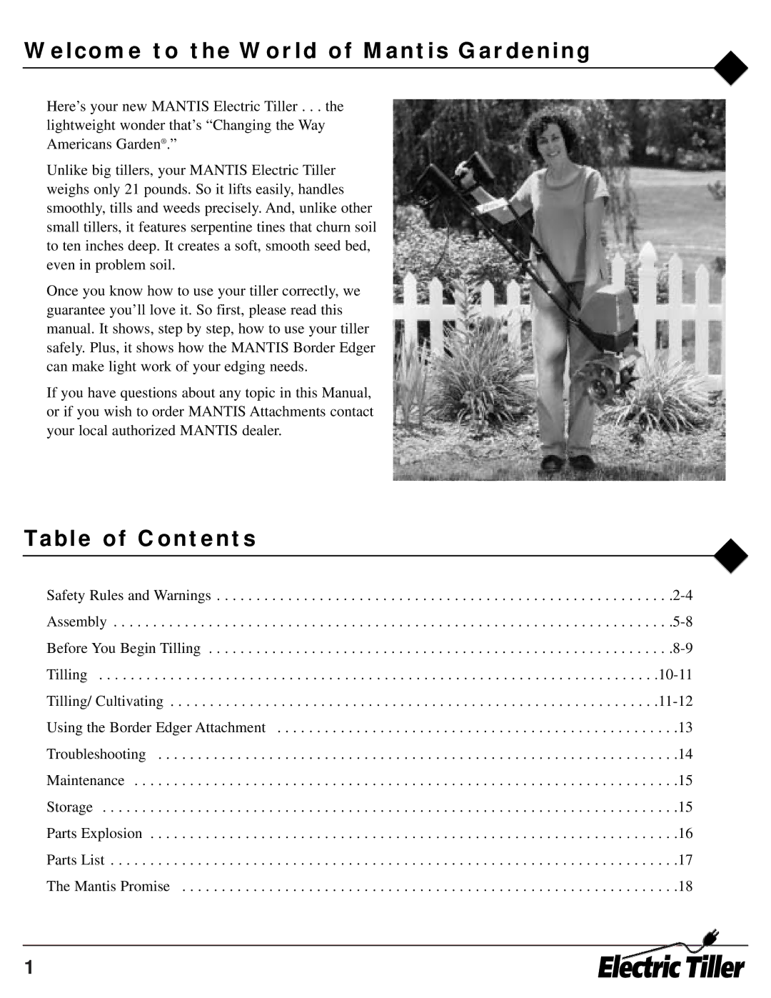 Mantis ElectricTiller owner manual Welcome to the World of Mantis Gardening, Table of Contents 