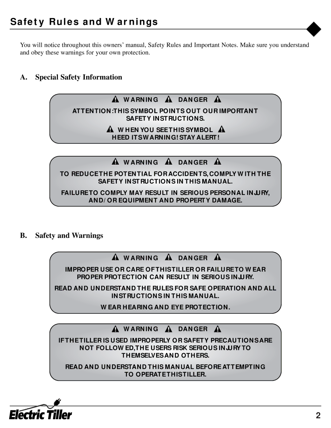 Mantis ElectricTiller owner manual Safety Rules and Warnings, Special Safety Information, Safety and Warnings 