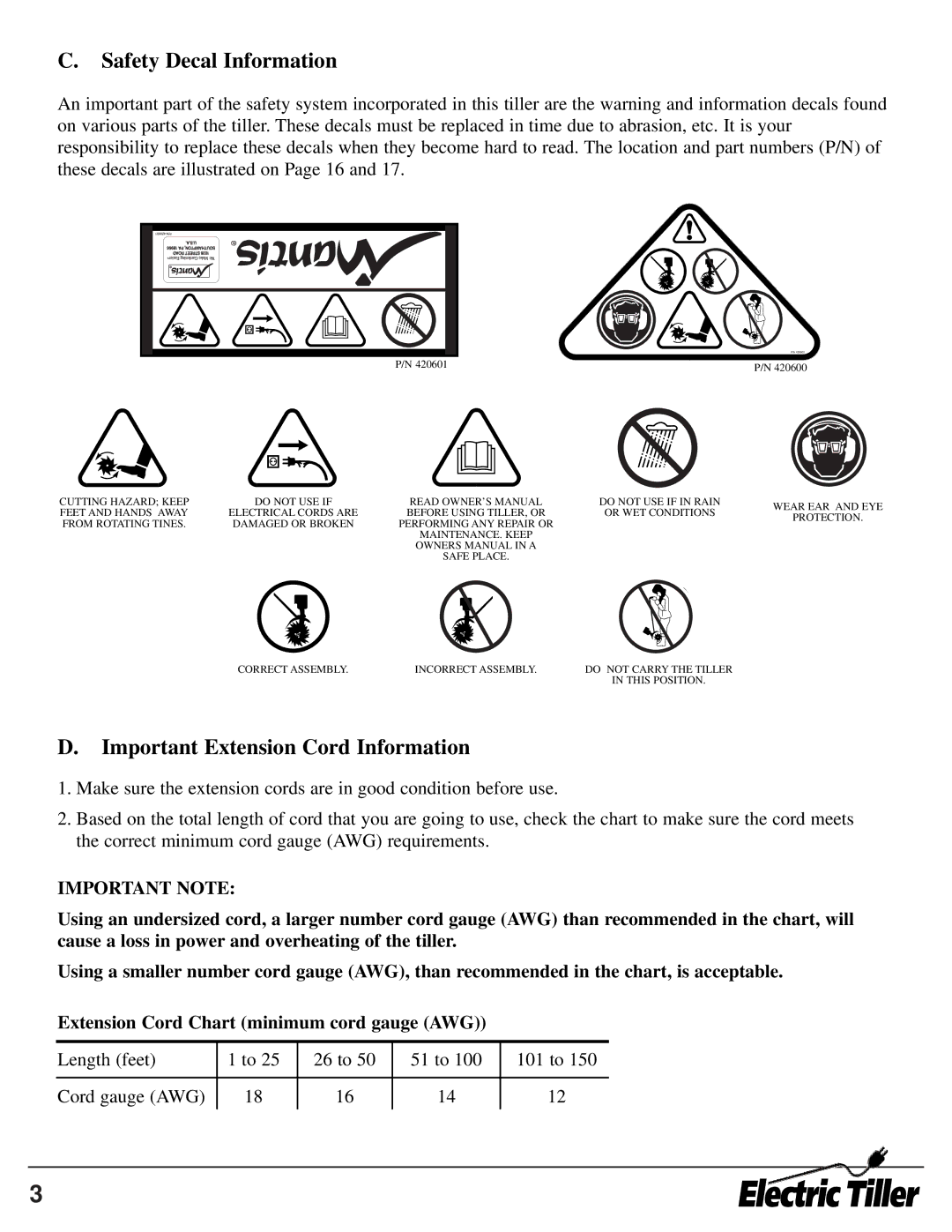 Mantis ElectricTiller owner manual Safety Decal Information, Important Extension Cord Information 