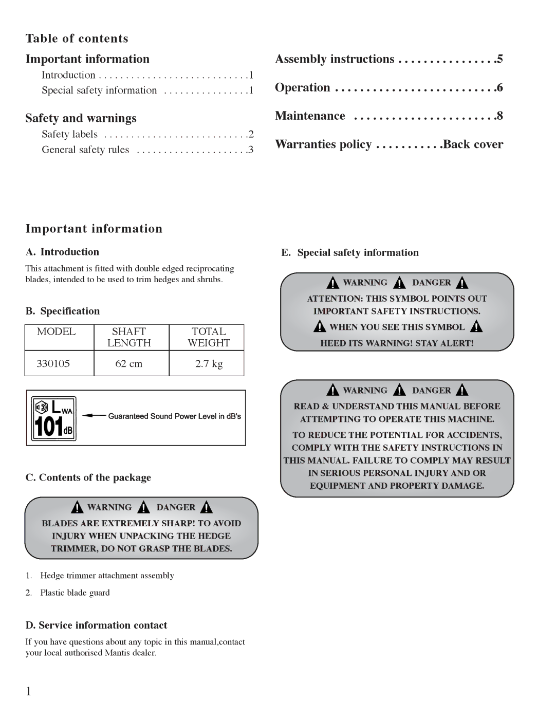 Mantis Hedge Trimmer E System owner manual Table of contents Important information, Safety and warnings 