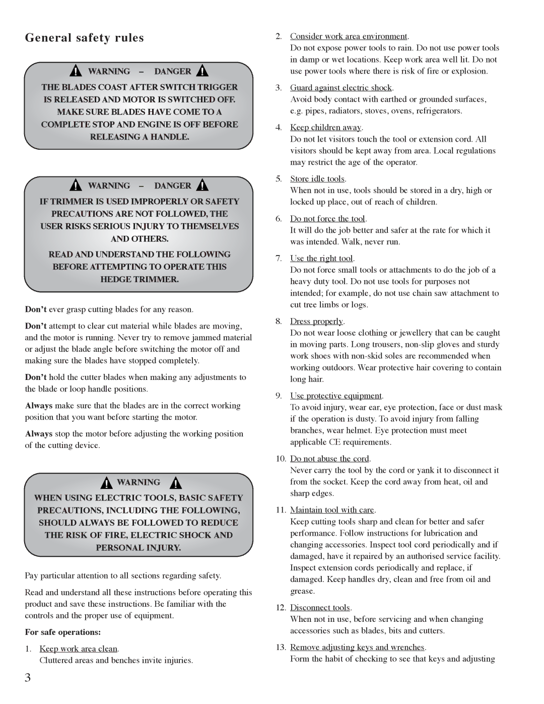 Mantis Hedge Trimmer E System owner manual General safety rules, For safe operations 