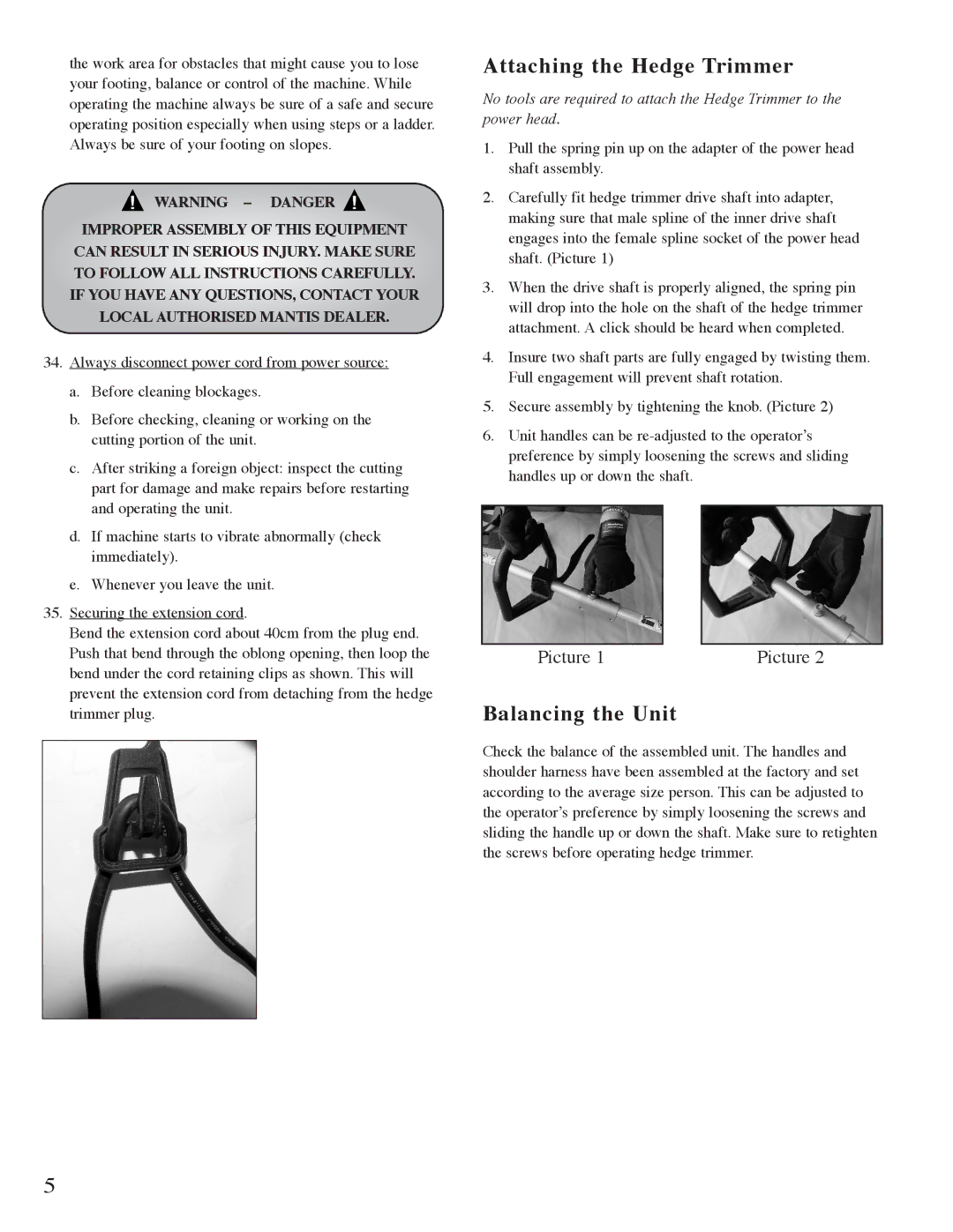 Mantis Hedge Trimmer E System owner manual Attaching the Hedge Trimmer, Balancing the Unit 