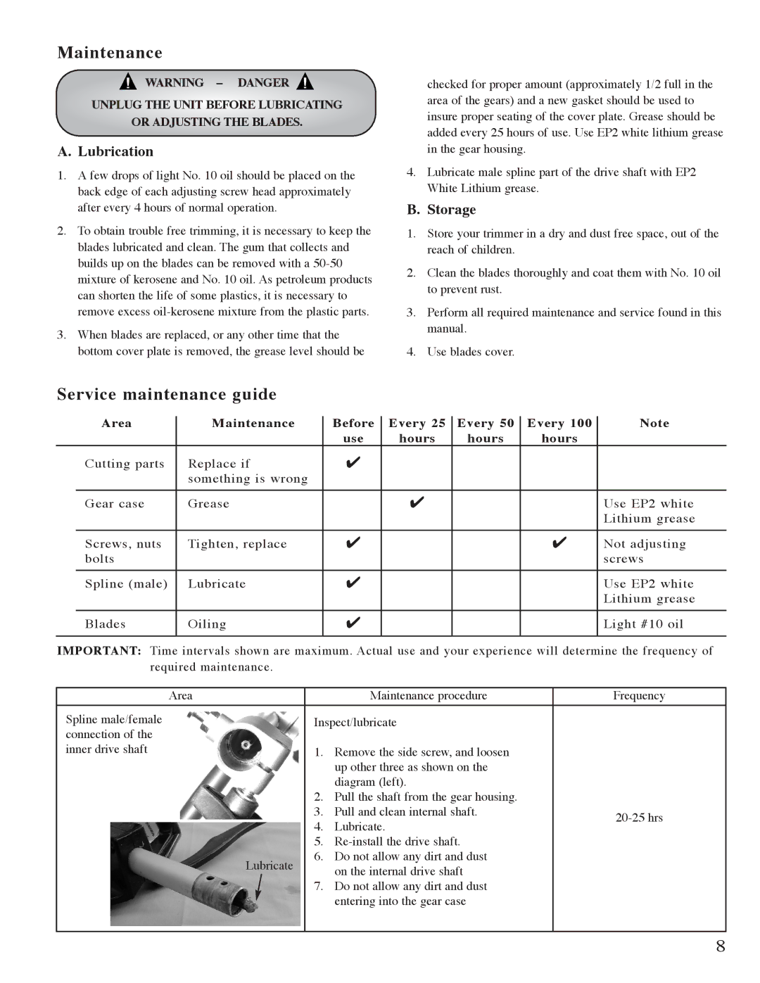 Mantis Hedge Trimmer E System owner manual Maintenance, Service maintenance guide, Lubrication, Storage 